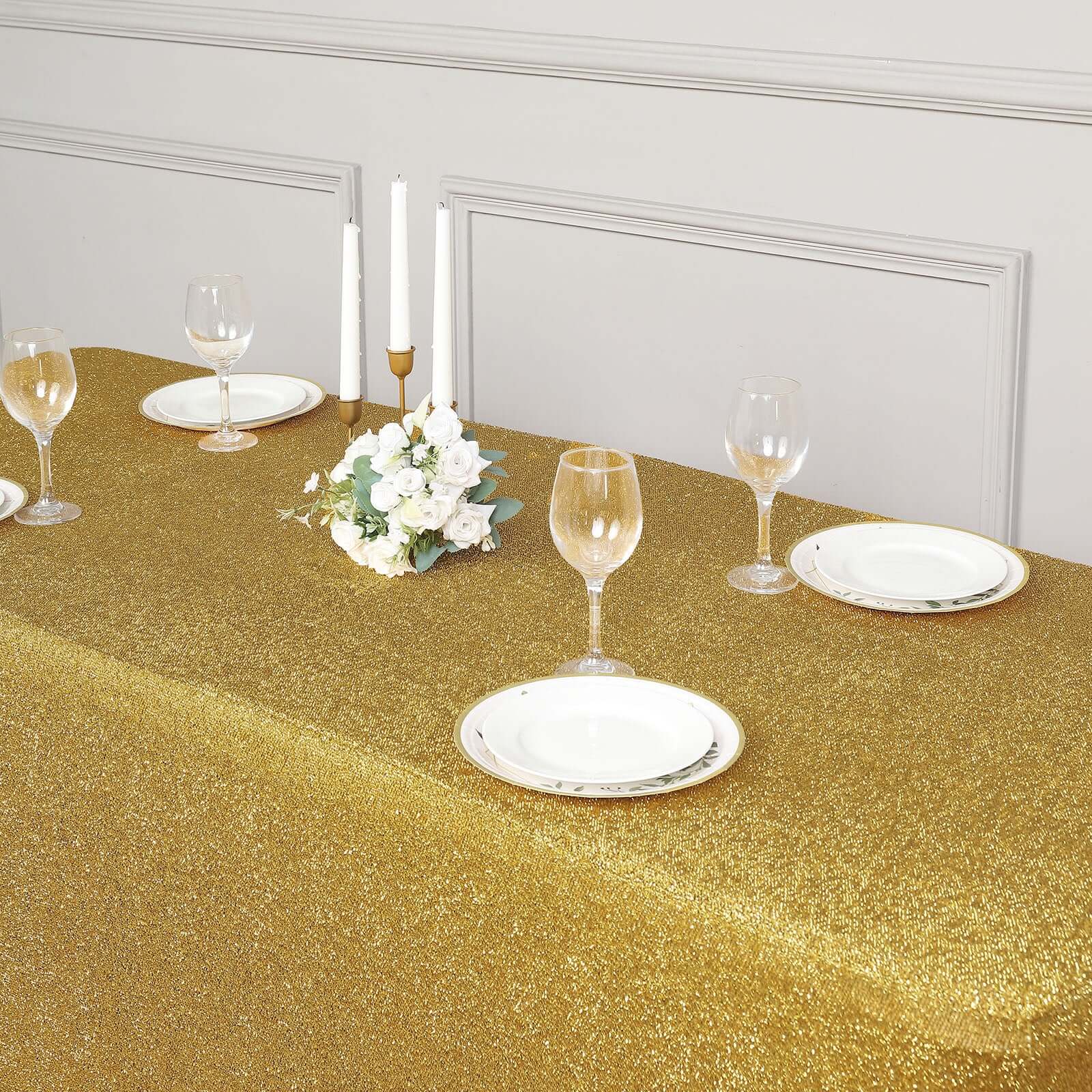 Hot Sale! Metallic Gold Glittered Stretch Spandex Tablecloth for Event Decor, 72x30 Rectangle