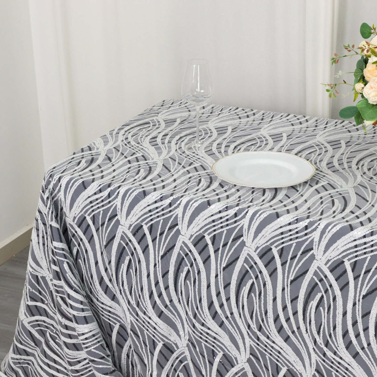 Sparkly Wave Sequin Embroidered White & Black Mesh Rectangle Tablecloth 90x156