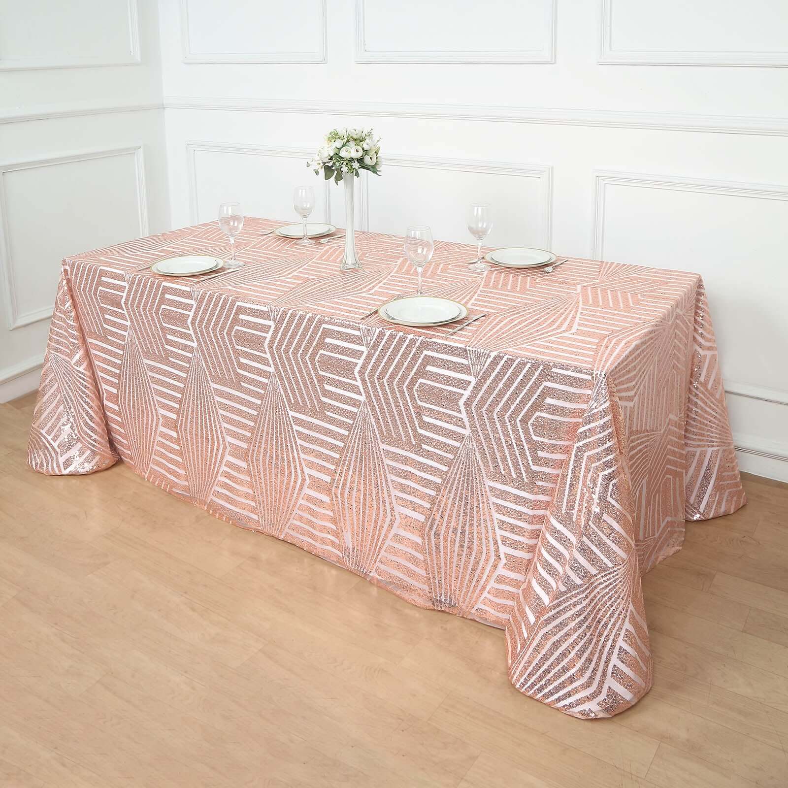 Hot Sale! Rose Gold Sequin Rectangle Tablecloth with Diamond Pattern, 90x132 Size