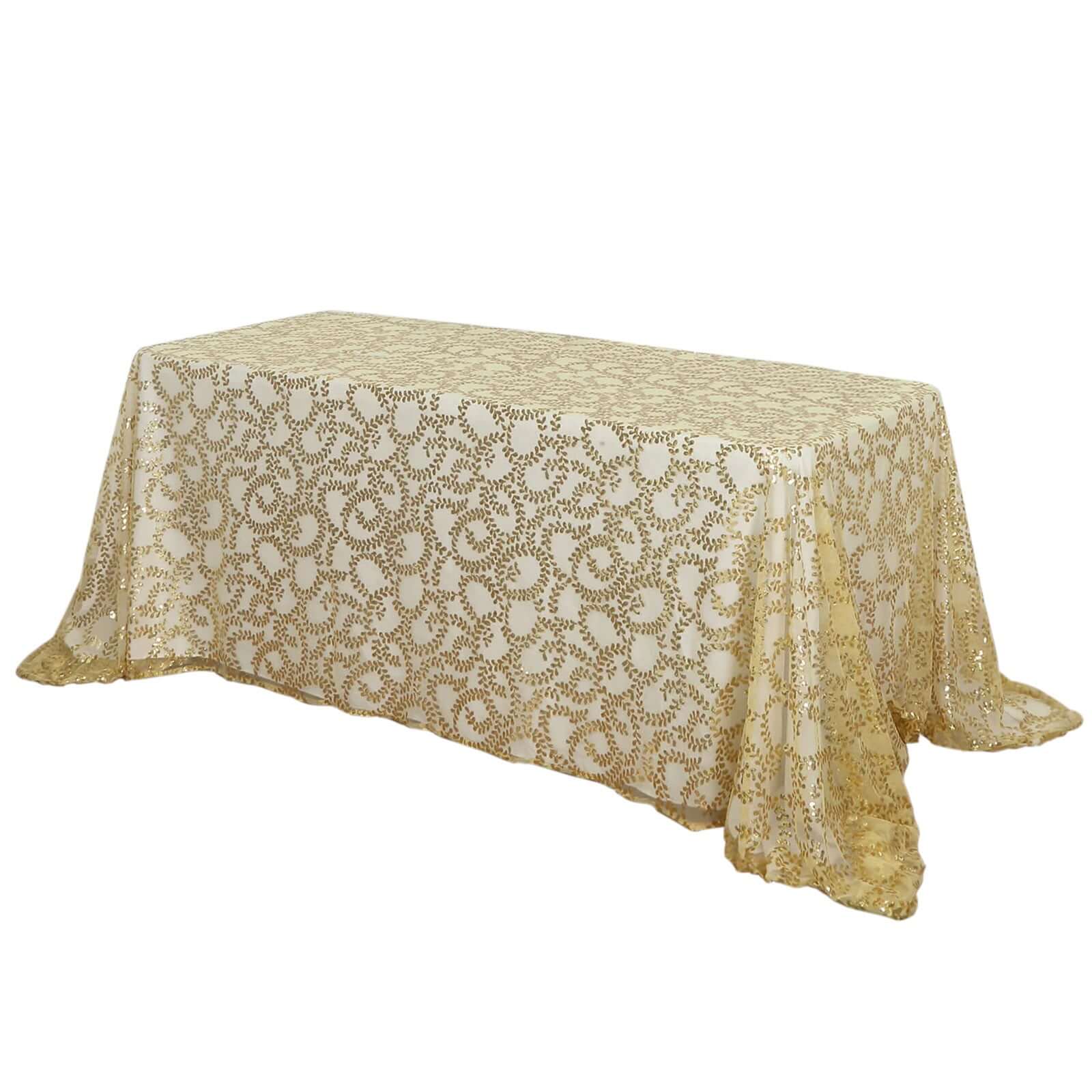Luxurious Gold Sequin Leaf-Embroidered 90x156 Rectangle Tablecloth for Grand Celebrations