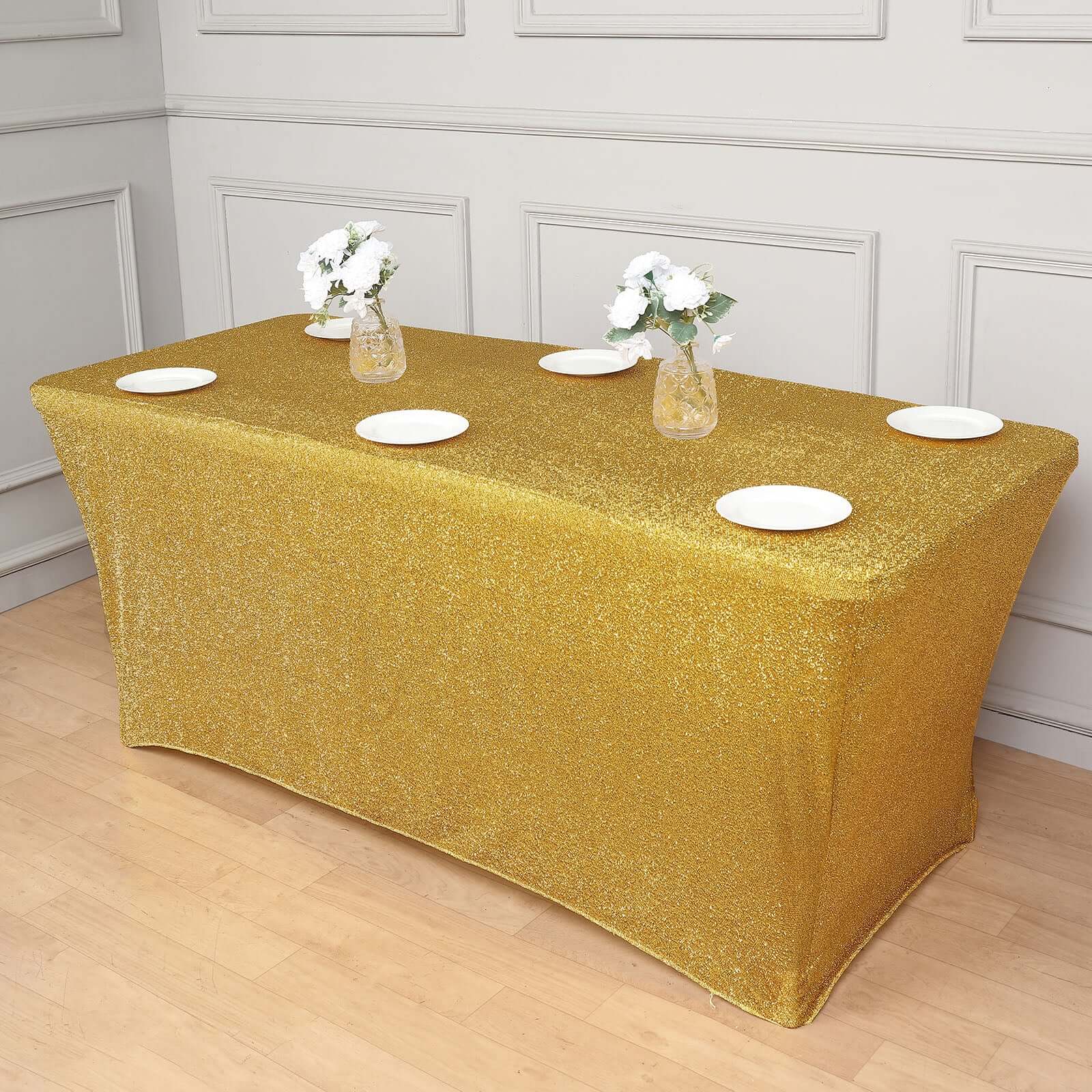 Hot Sale! Metallic Gold Glittered Stretch Spandex Tablecloth for Event Decor, 72x30 Rectangle