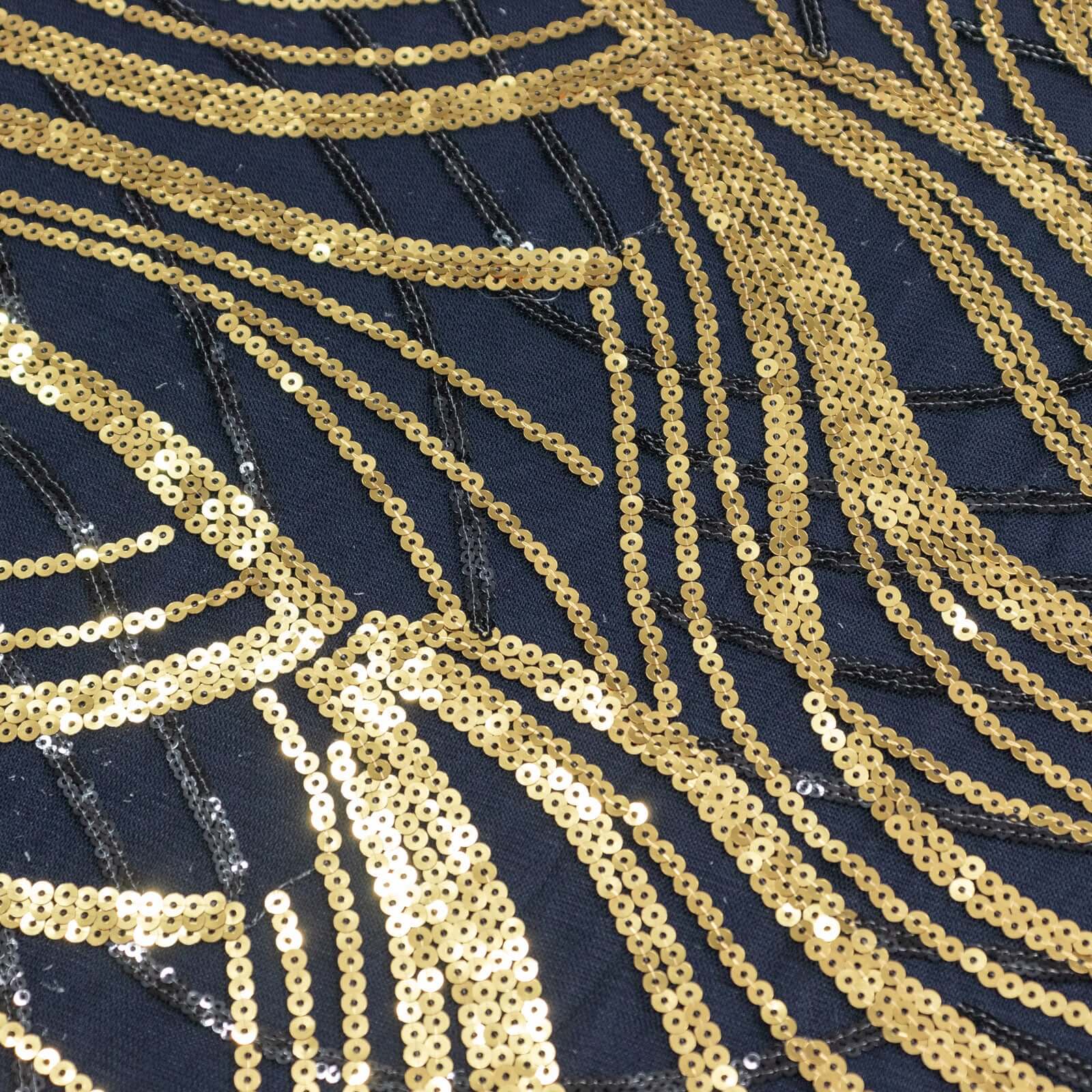 Black/Gold Sparkly Wave Sequin Embroidered Mesh Rectangle Tablecloth 90x156