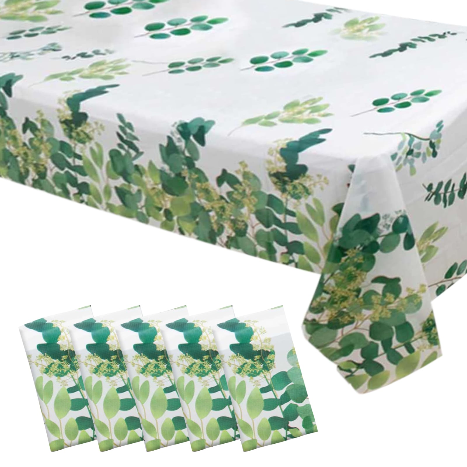 Hot Deal! 5-Pack Disposable PVC Plastic Table Covers in White/Green with Eucalyptus Print, 54x108