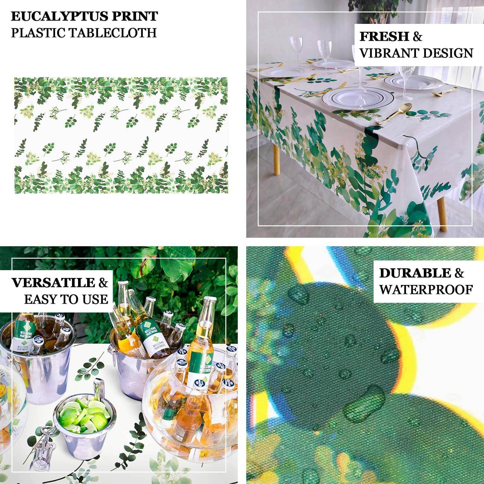 Hot Deal! 5-Pack Disposable PVC Plastic Table Covers in White/Green with Eucalyptus Print, 54x108