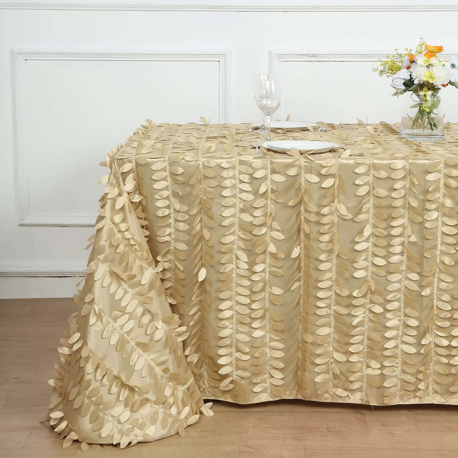 Champagne Taffeta Rectangle Tablecloth with 3D Leaf Petal Design - Perfect for Events!