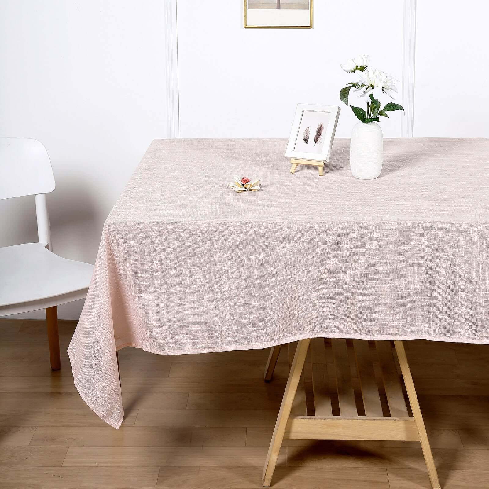 Wrinkle-Resistant Blush Faux Linen Rectangular Tablecloth, 60x102 with Slubby Texture