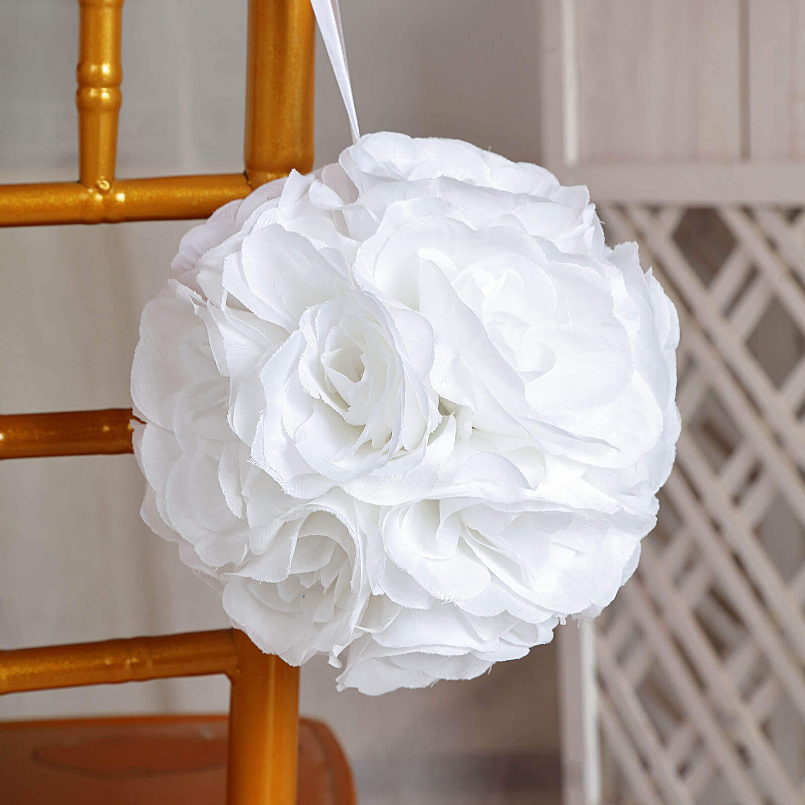 2-Pack Set of 7-Inch White Artificial Silk Rose Kissing Faux Flower Balls