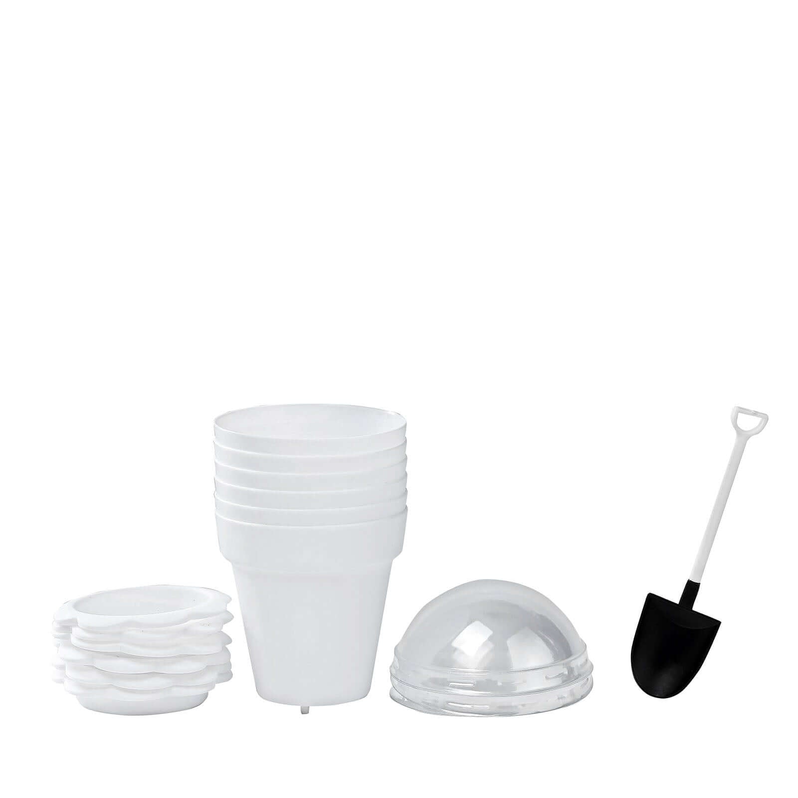 12-Piece White Plastic Dessert Cups with Succulent Planter Design, Lids and Shovels