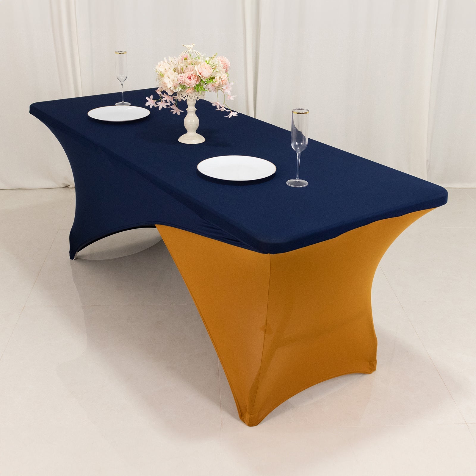 Navy Blue/Gold Stretch Spandex Two-Piece Fitted 72x30 Rectangle Table Cover