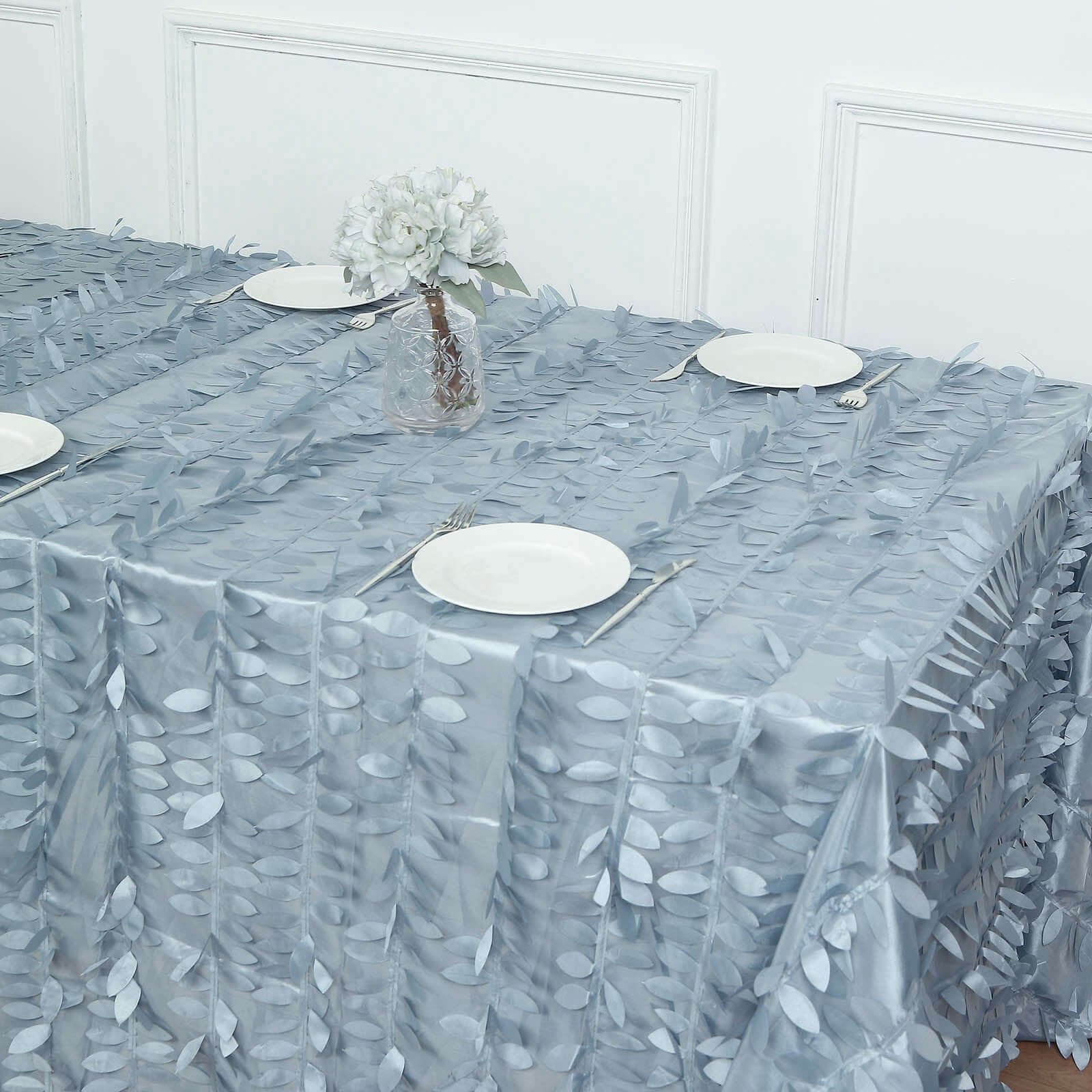 Exclusive Dusty Blue Taffeta Rectangle Tablecloth with 3D Leaf Petal Design