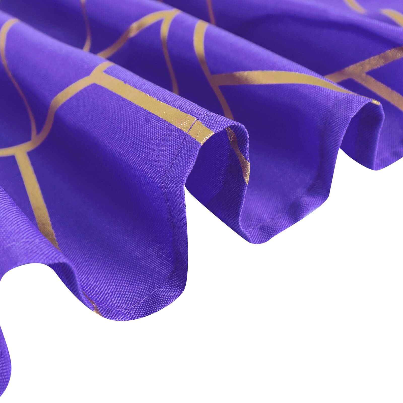 Wrinkle-Resistant Purple Polyester Tablecloth with Gold Foil Geometric Pattern, 90x132
