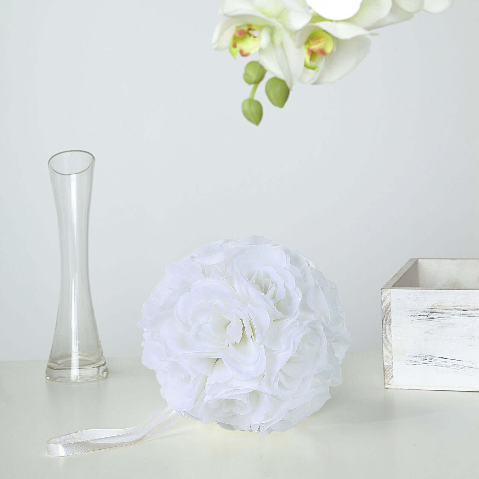 2-Pack Set of 7-Inch White Artificial Silk Rose Kissing Faux Flower Balls