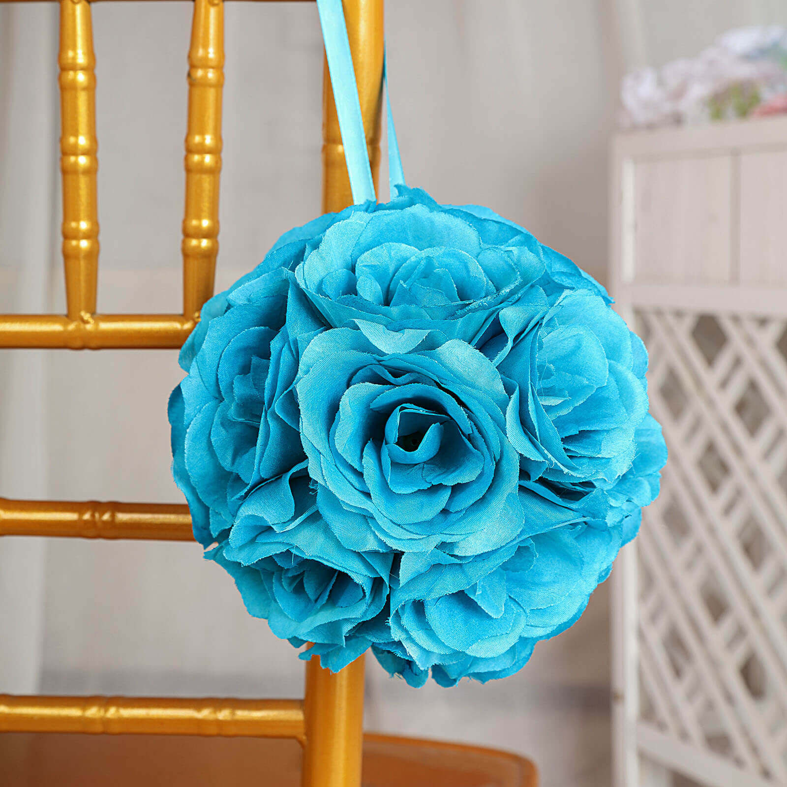 2-Pack 7-Inch Turquoise Artificial Silk Rose Kissing Balls, Ideal Faux Flower Decor