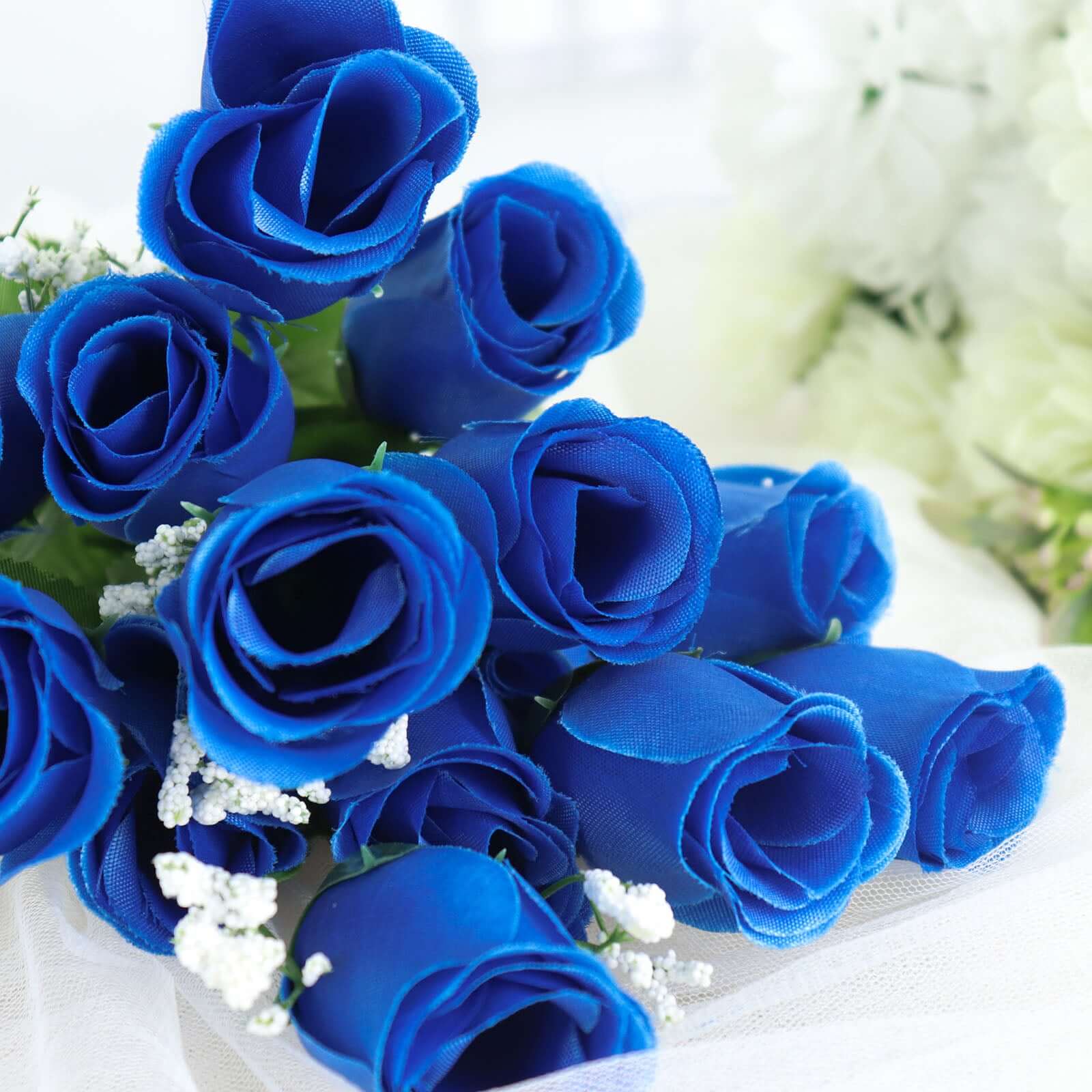 12 Bushes of Premium Royal Blue Artificial Silk Rose Bud Bouquets