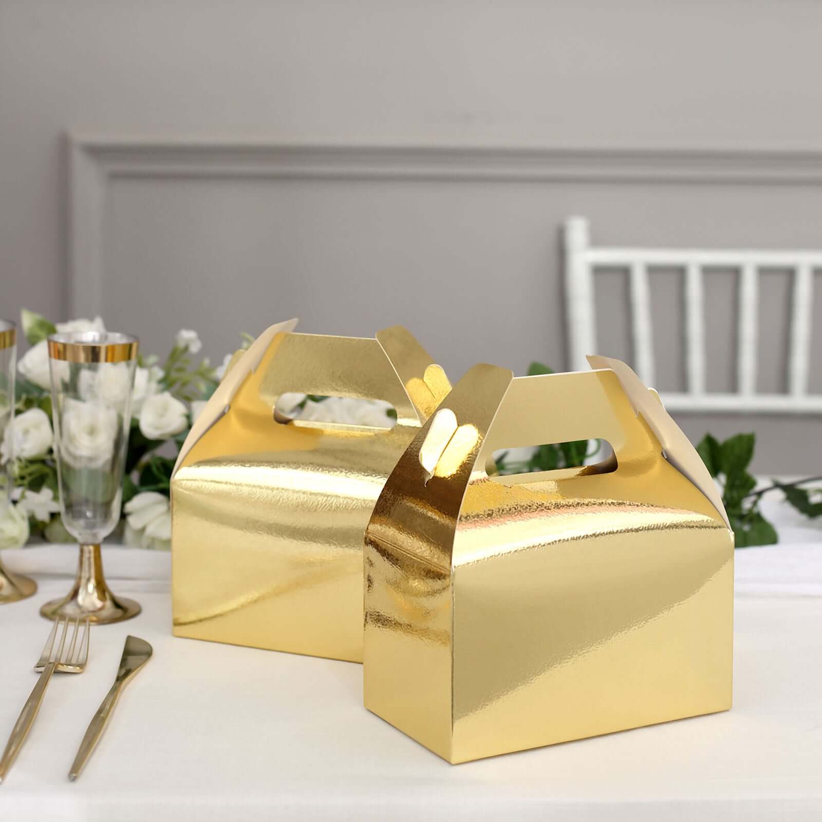 25-Pack Metallic Gold Party Favor Gable Tote Boxes for Candy Gifts, 6x3.5x7