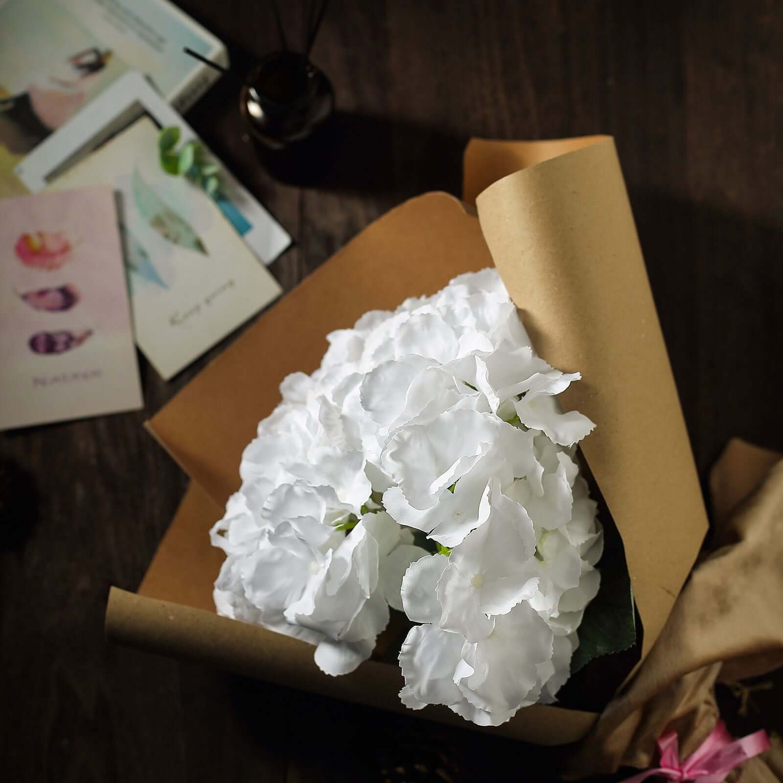 Set of 5 White Artificial Silk Hydrangea Flower Bushes for Decor