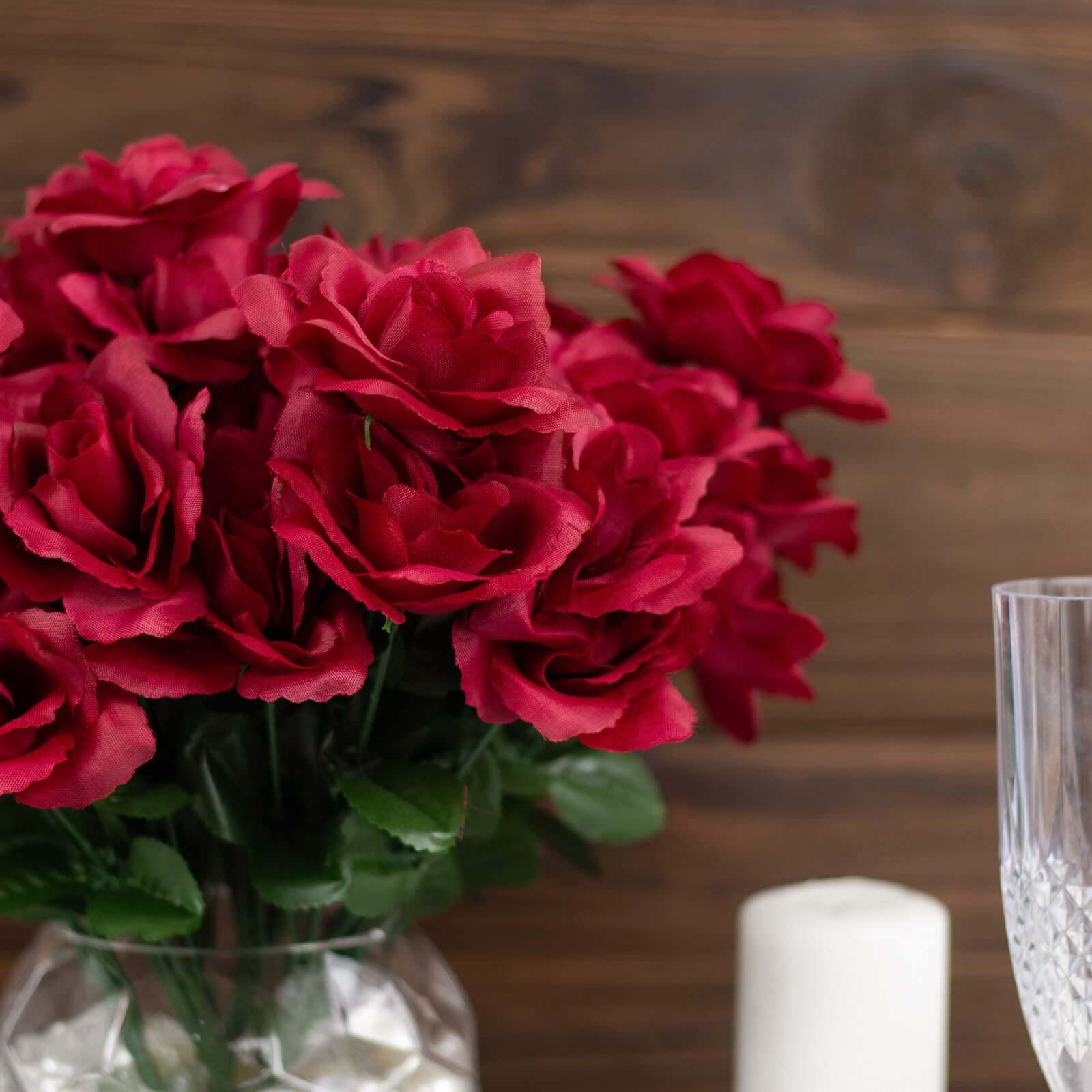 12 Bushes of Premium Burgundy Artificial Silk Rose Flowers, 84 Roses in Total