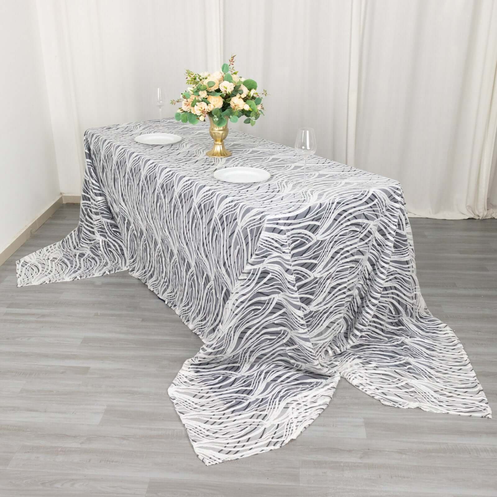 Sparkly Wave Sequin Embroidered White & Black Mesh Rectangle Tablecloth 90x156