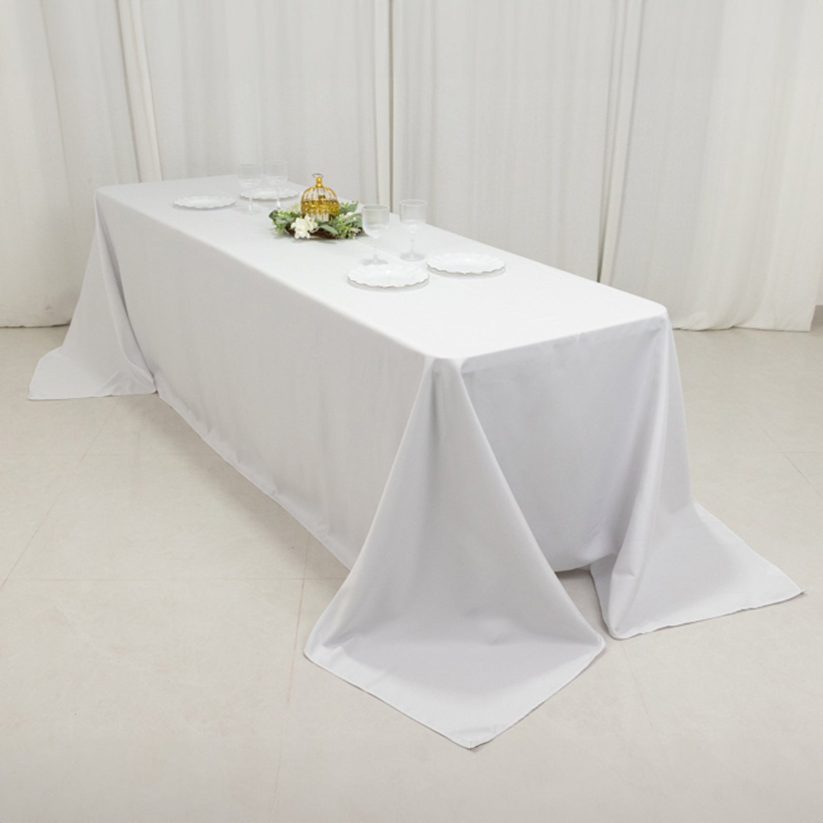 Hot! White Fire Retardant Premium Polyester 90x156 Rectangular Tablecloth for Large Gatherings