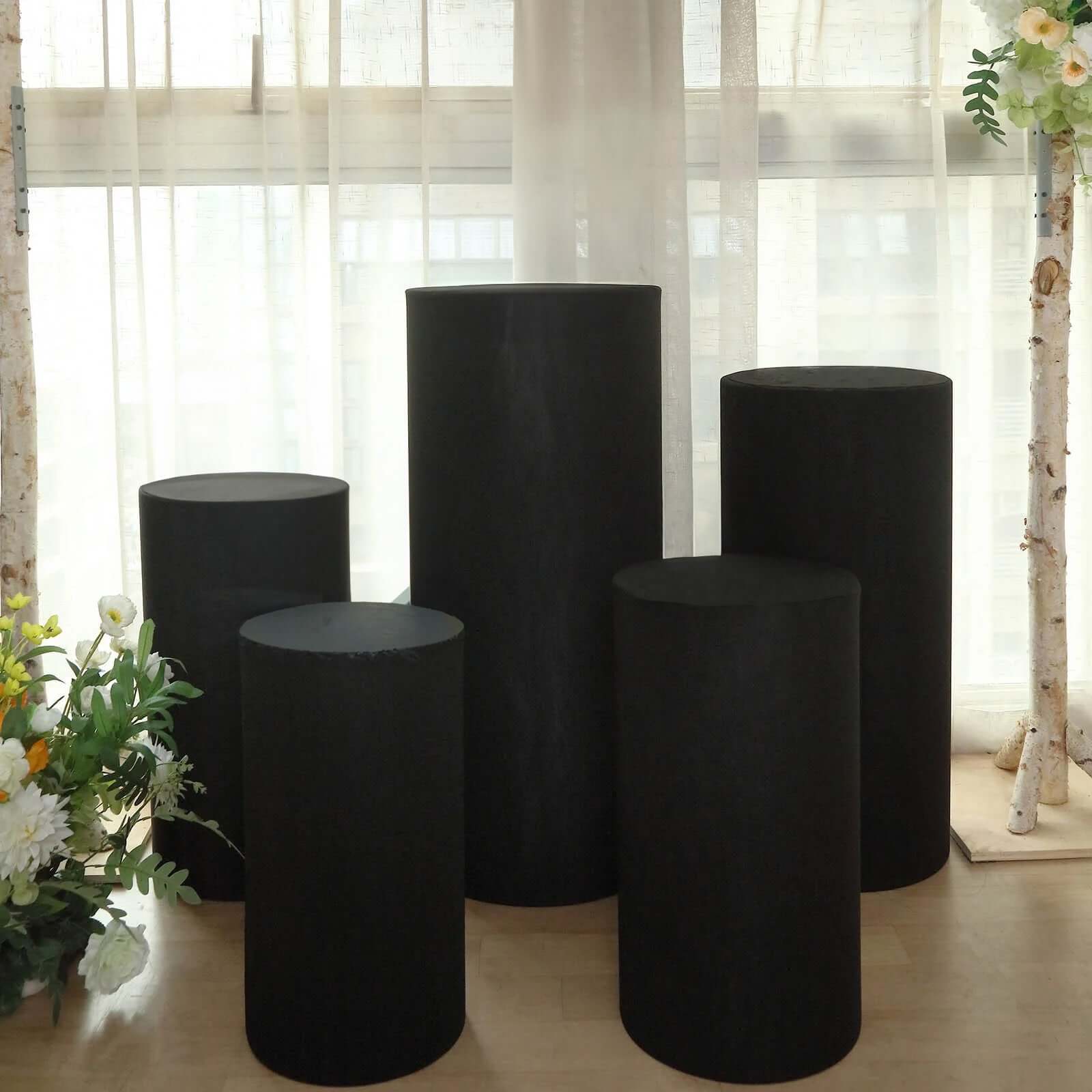Stretchable 160 GSM Black Spandex Set of 5 Cylinder Pedestal Stand Covers