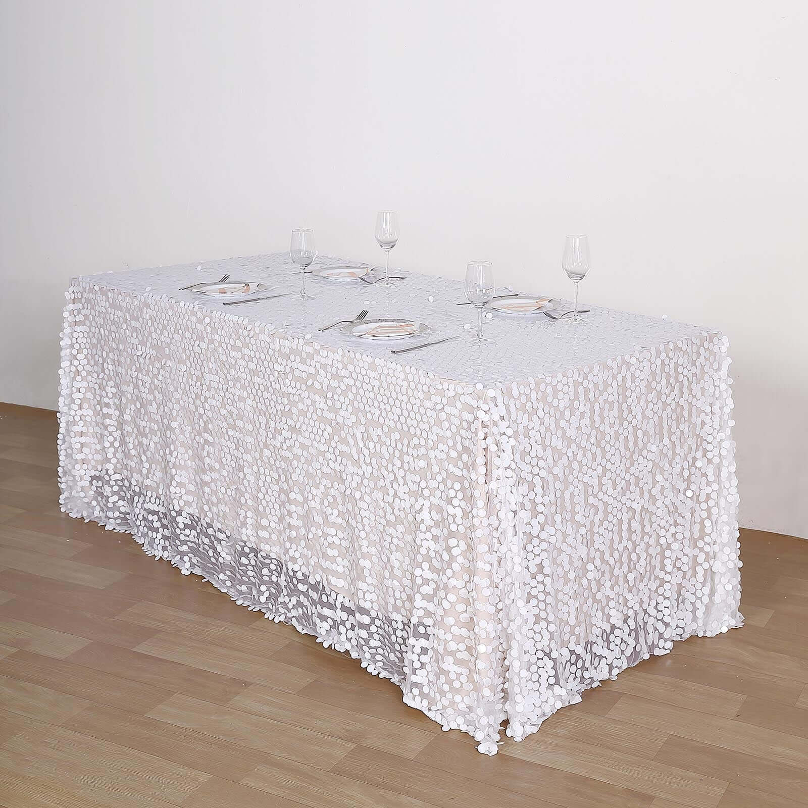 Exclusive Seamless White Sequin Tablecloth, 90x156 Rectangle