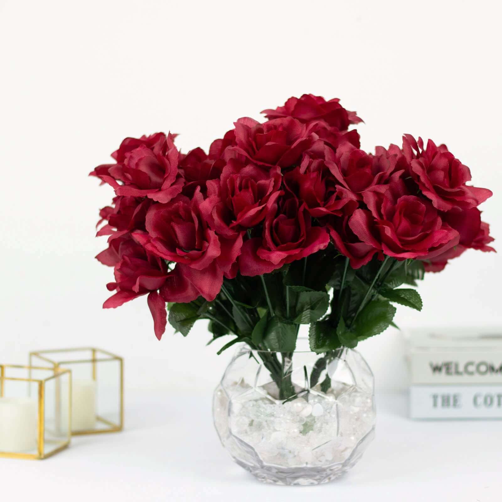 12 Bushes of Premium Burgundy Artificial Silk Rose Flowers, 84 Roses in Total