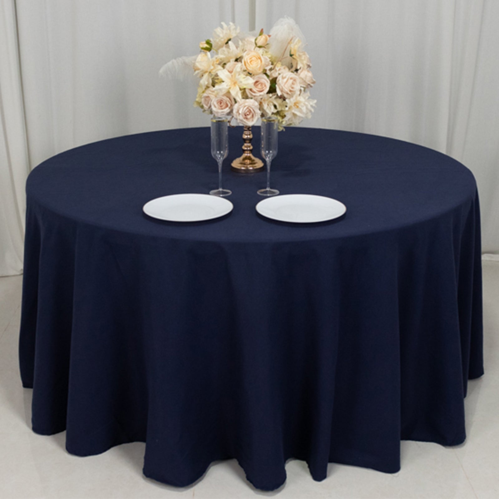 Seamless Wrinkle-Resistant Navy Blue 120" Cotton Blend Round Tablecloth