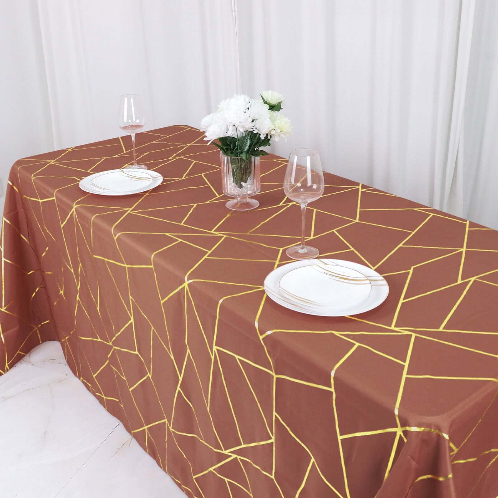 Wrinkle-Resistant Seamless Polyester Tablecloth: Terracotta with Gold Foil Geometric Pattern (90x132) - Ideal for Events