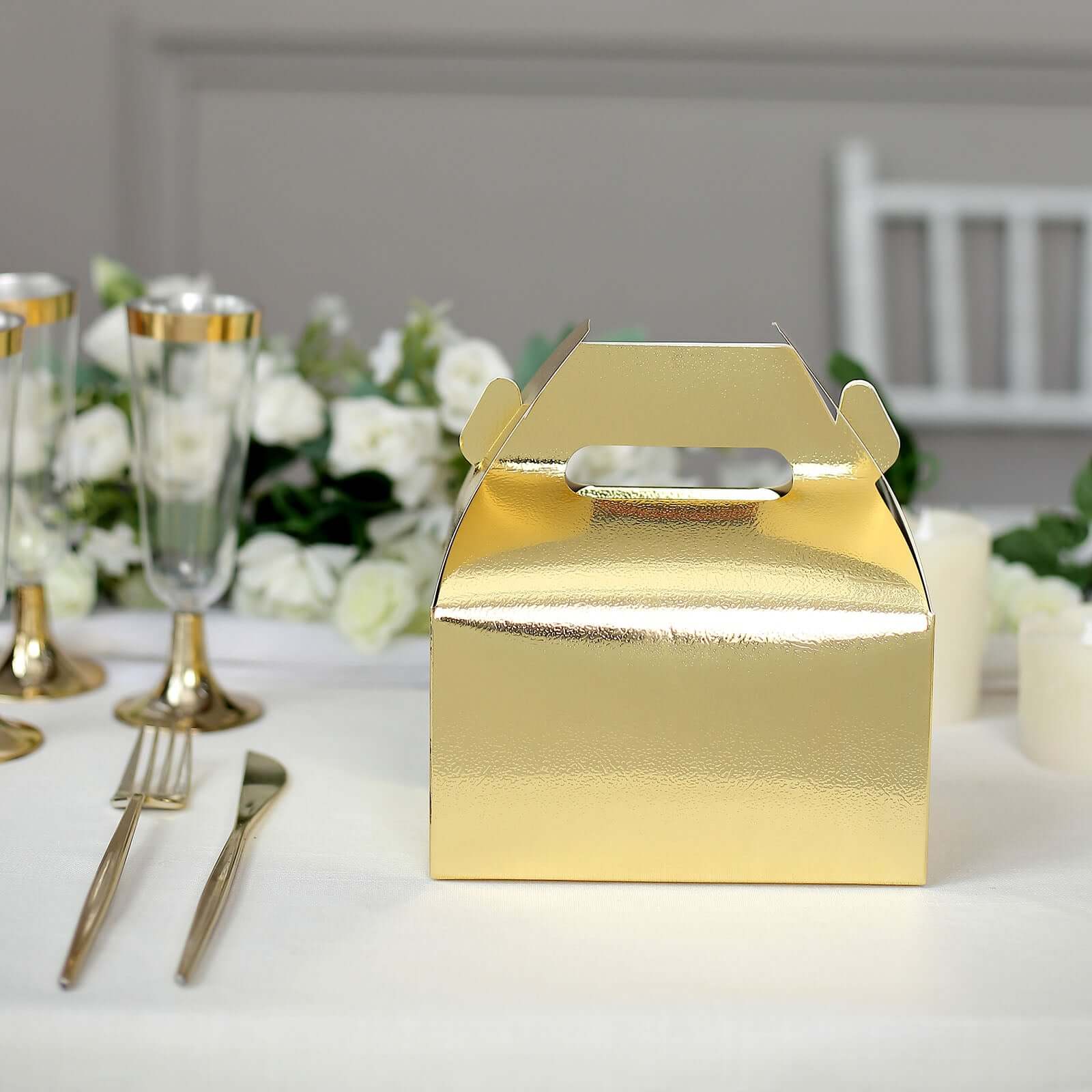 25-Pack Metallic Gold Party Favor Gable Tote Boxes for Candy Gifts, 6x3.5x7