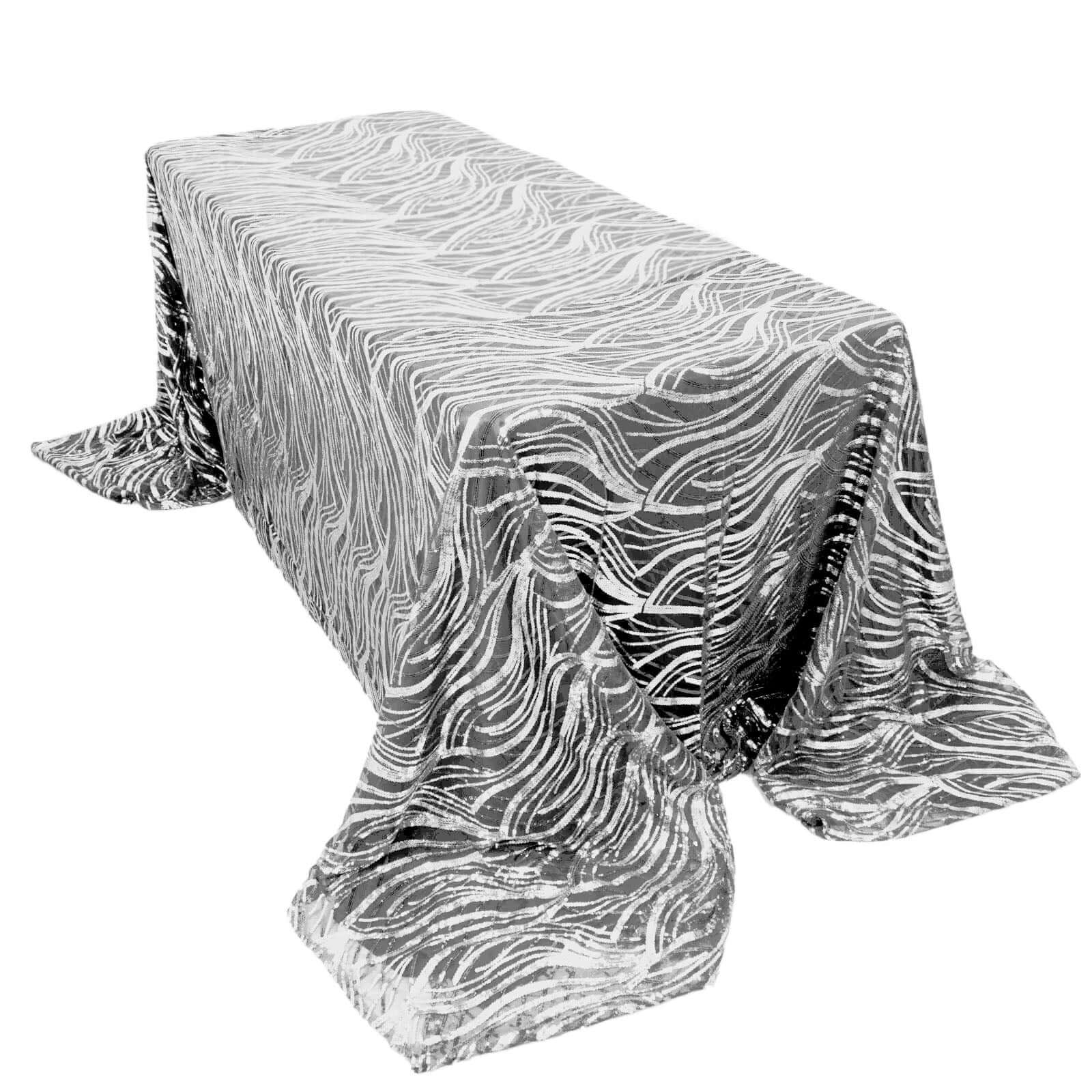 Sparkly Wave Sequin Embroidered White & Black Mesh Rectangle Tablecloth 90x156