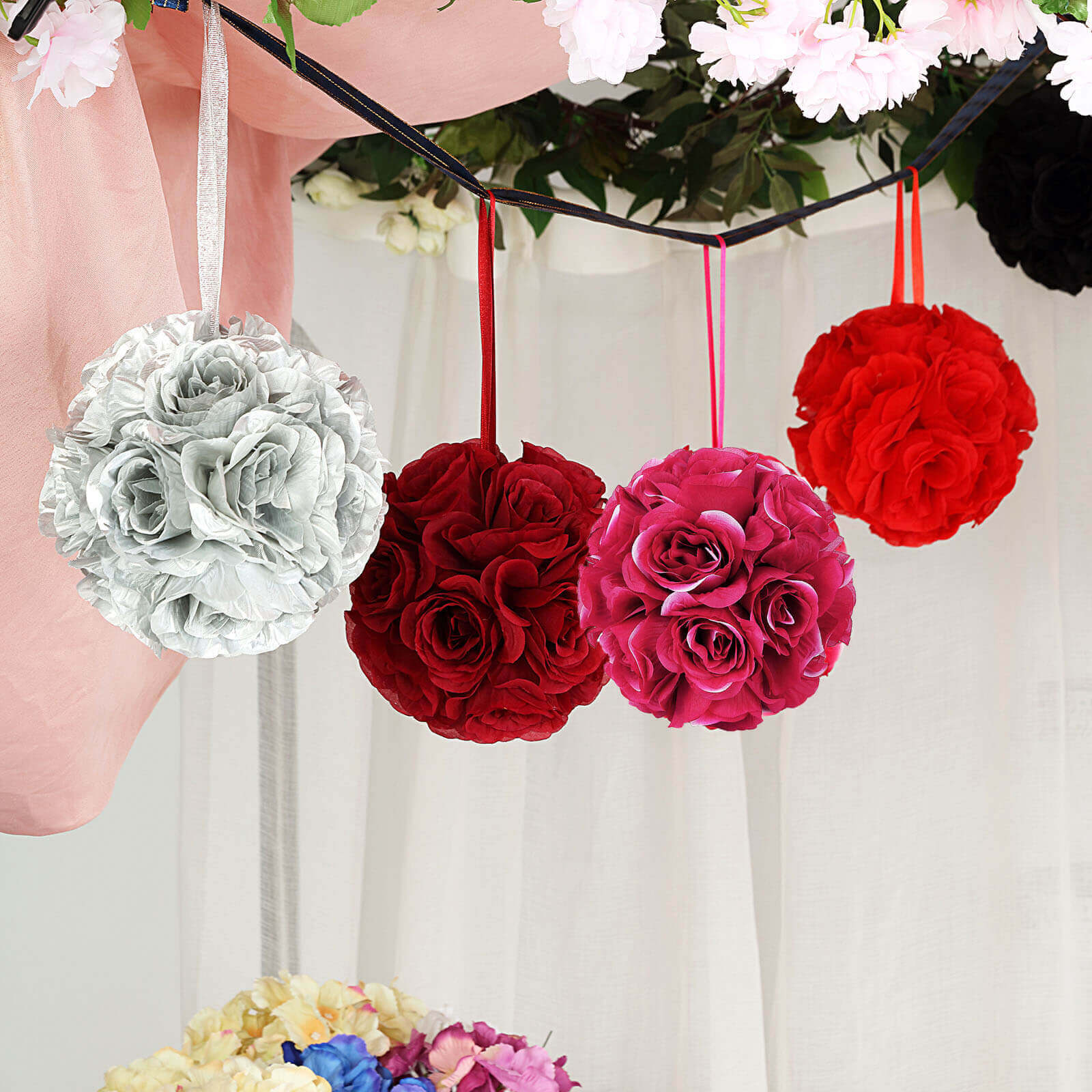 2-Pack 7-Inch Fuchsia Artificial Silk Rose Kissing Flower Balls for Decor