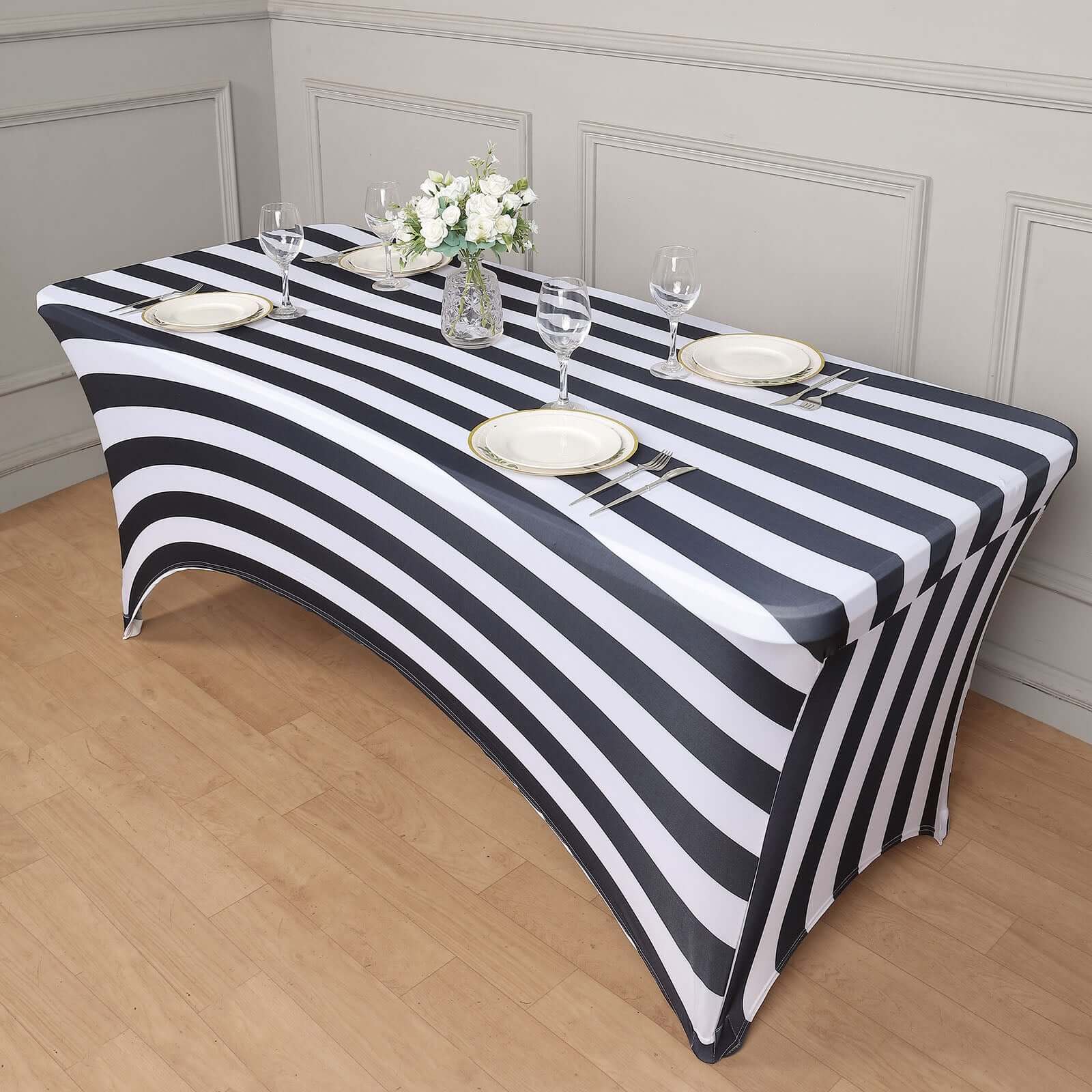 Exclusive Durable 8ft Stretch Spandex Rectangle Tablecloth with Black/White Vertical Stripes for Events