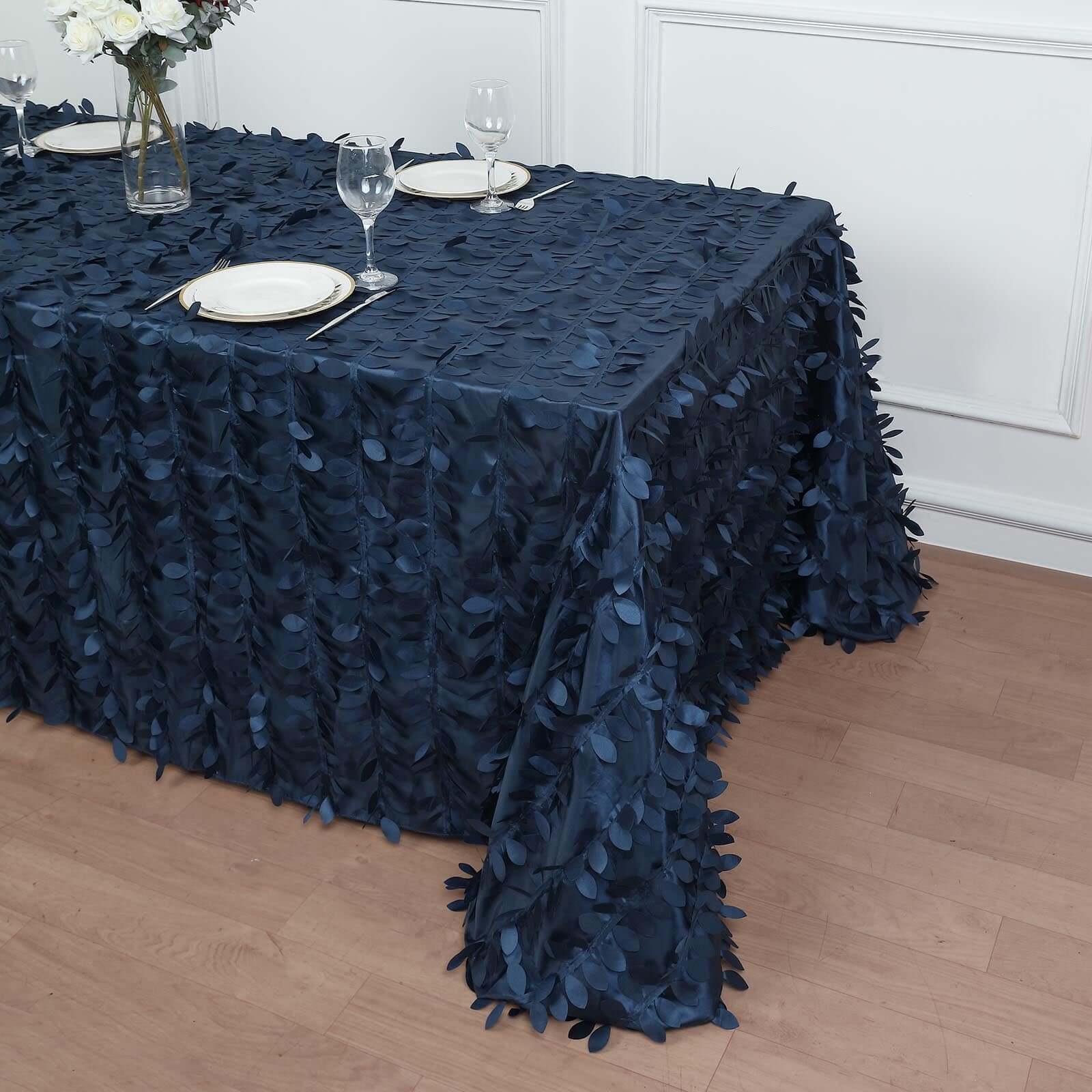 Navy Blue Taffeta Rectangle Tablecloth 90x132 with 3D Leaf Petal Design