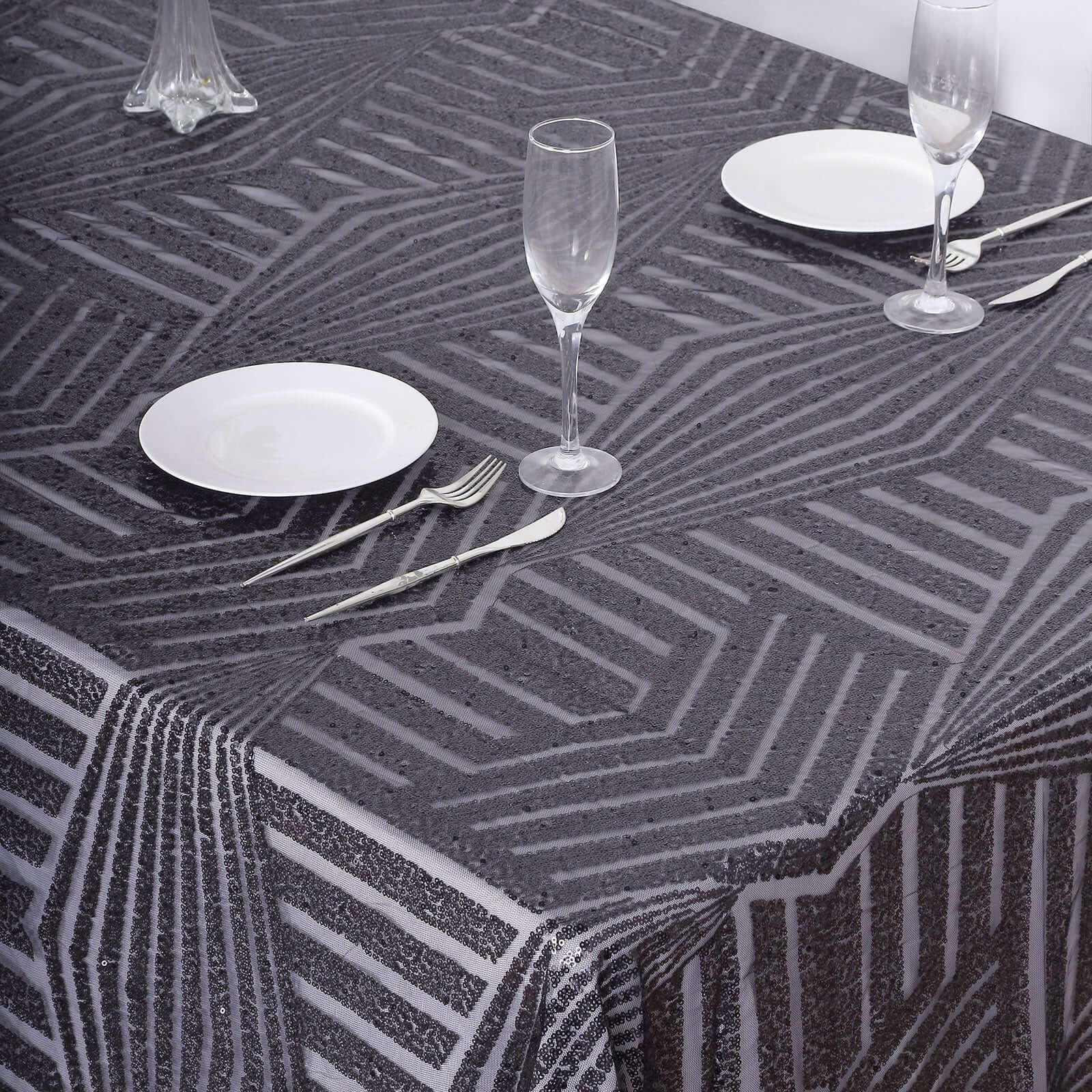 Exclusive Black Sequin Rectangle Tablecloth with Diamond Pattern, 90x132 inches