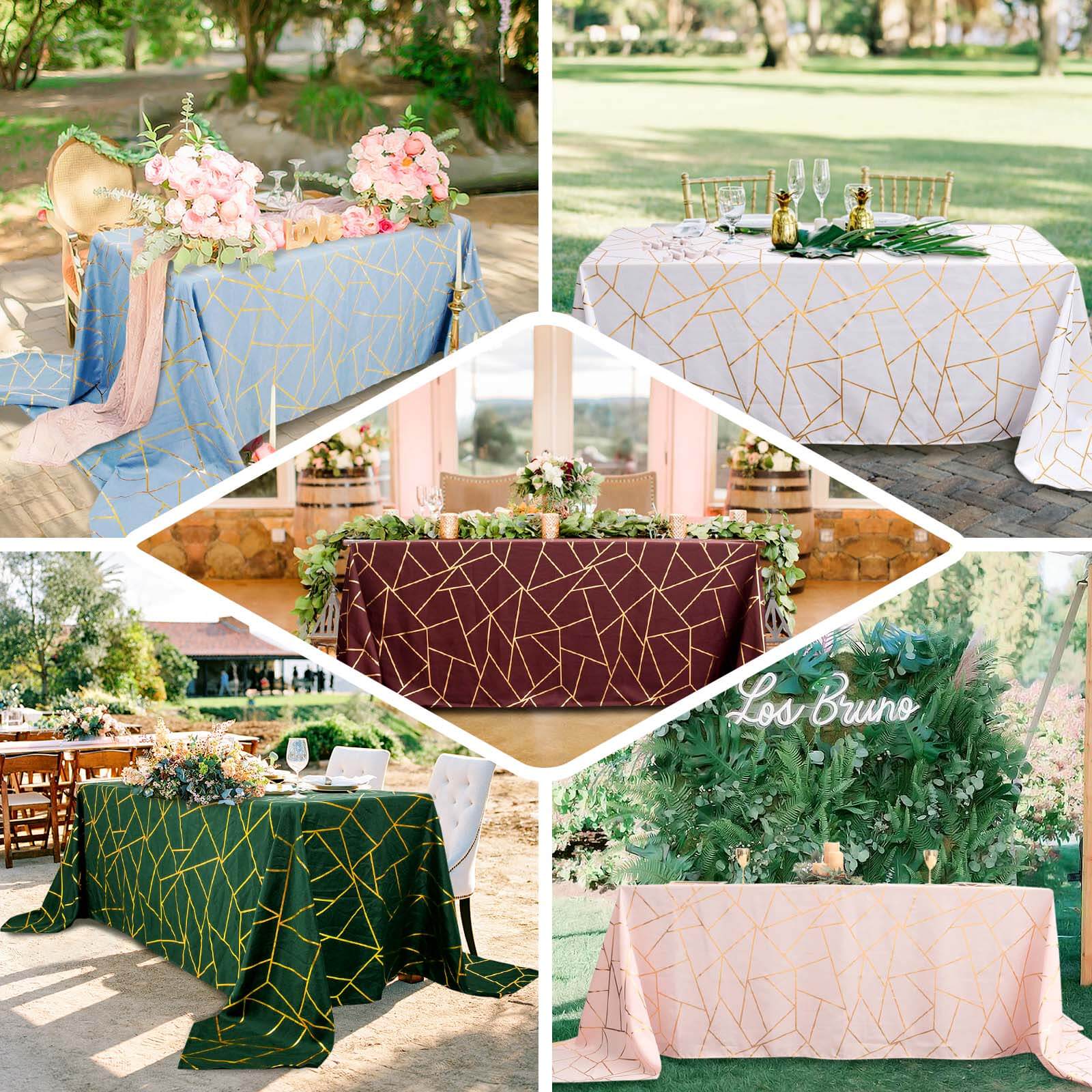 Wrinkle-Resistant Purple Polyester Tablecloth with Gold Foil Geometric Pattern, 90x132
