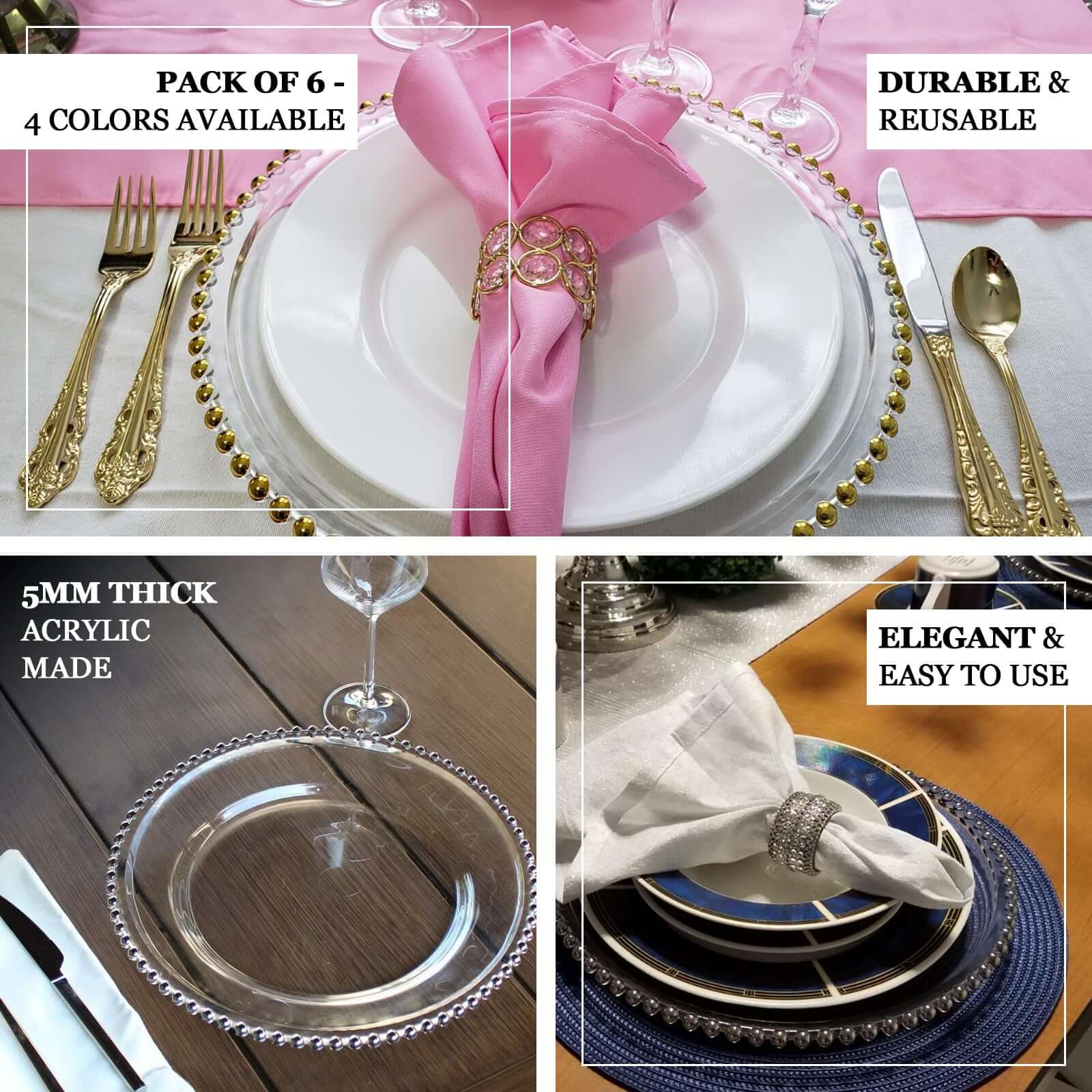 6-Piece Set of 13-Inch Taupe Acrylic Round Charger Plates with Gold Beaded Rims for Dinner Parties
