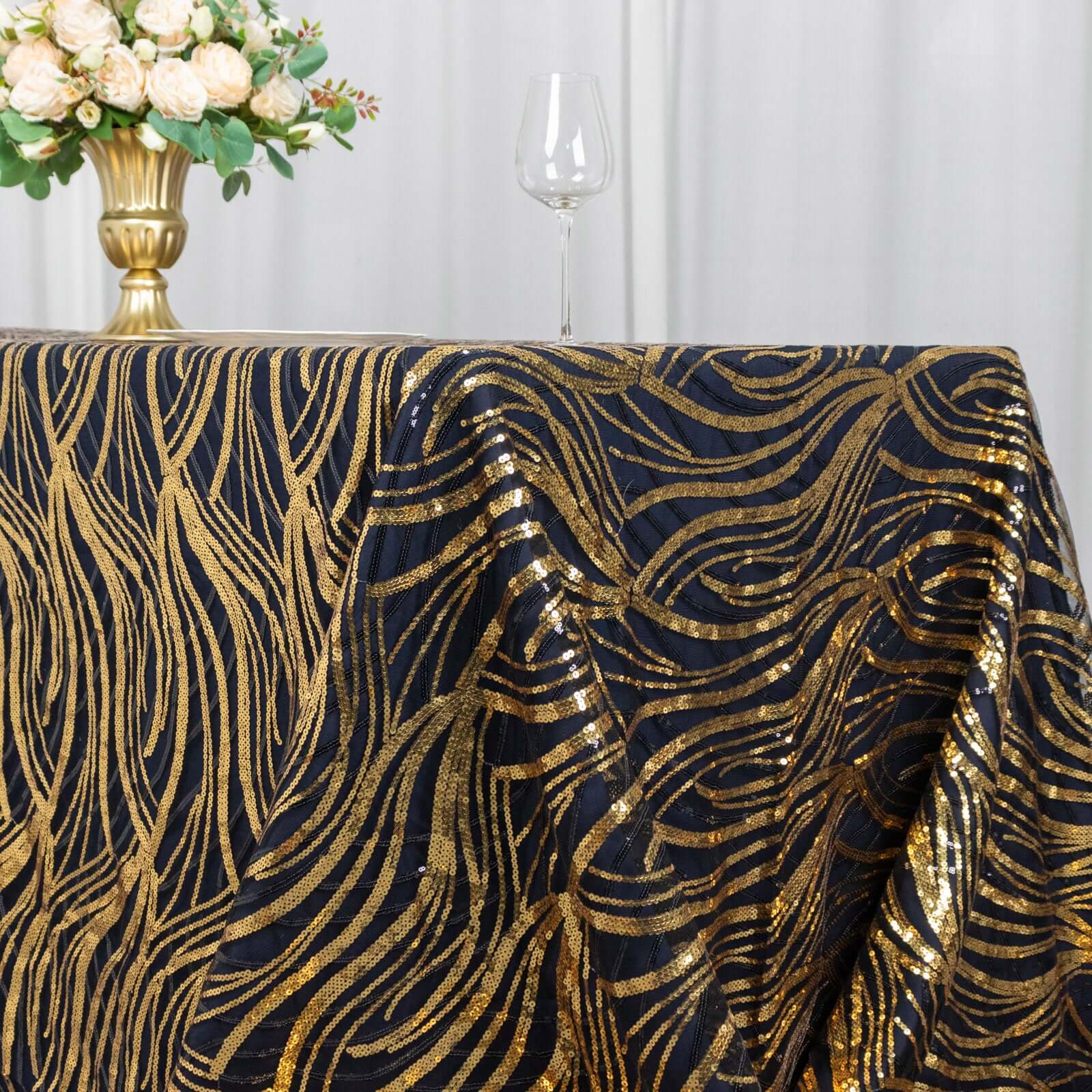 Black/Gold Sparkly Wave Sequin Embroidered Mesh Rectangle Tablecloth 90x156