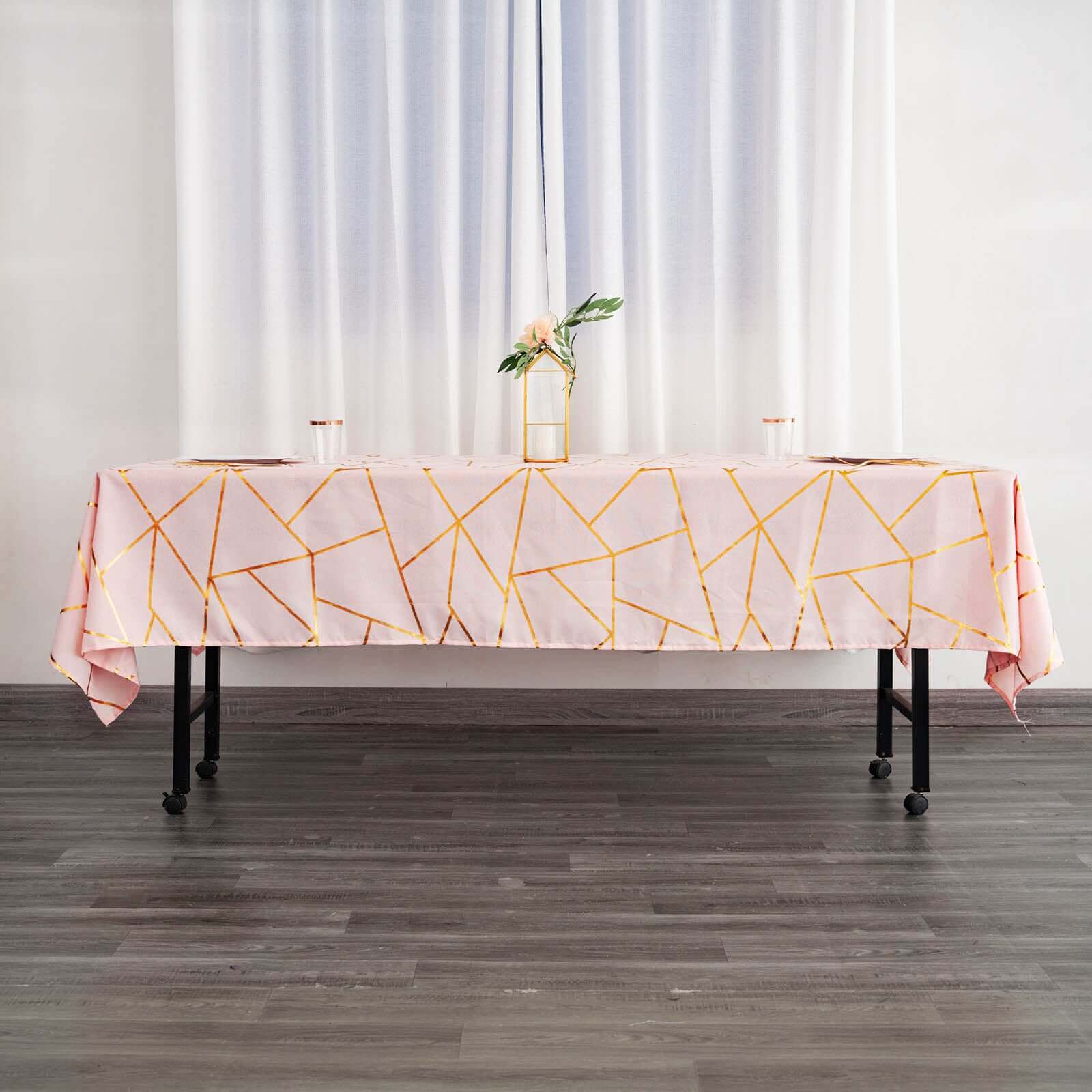Wrinkle-Resistant & Durable Polyester Tablecloth: Blush with Gold Foil Geometric Pattern (60x102)