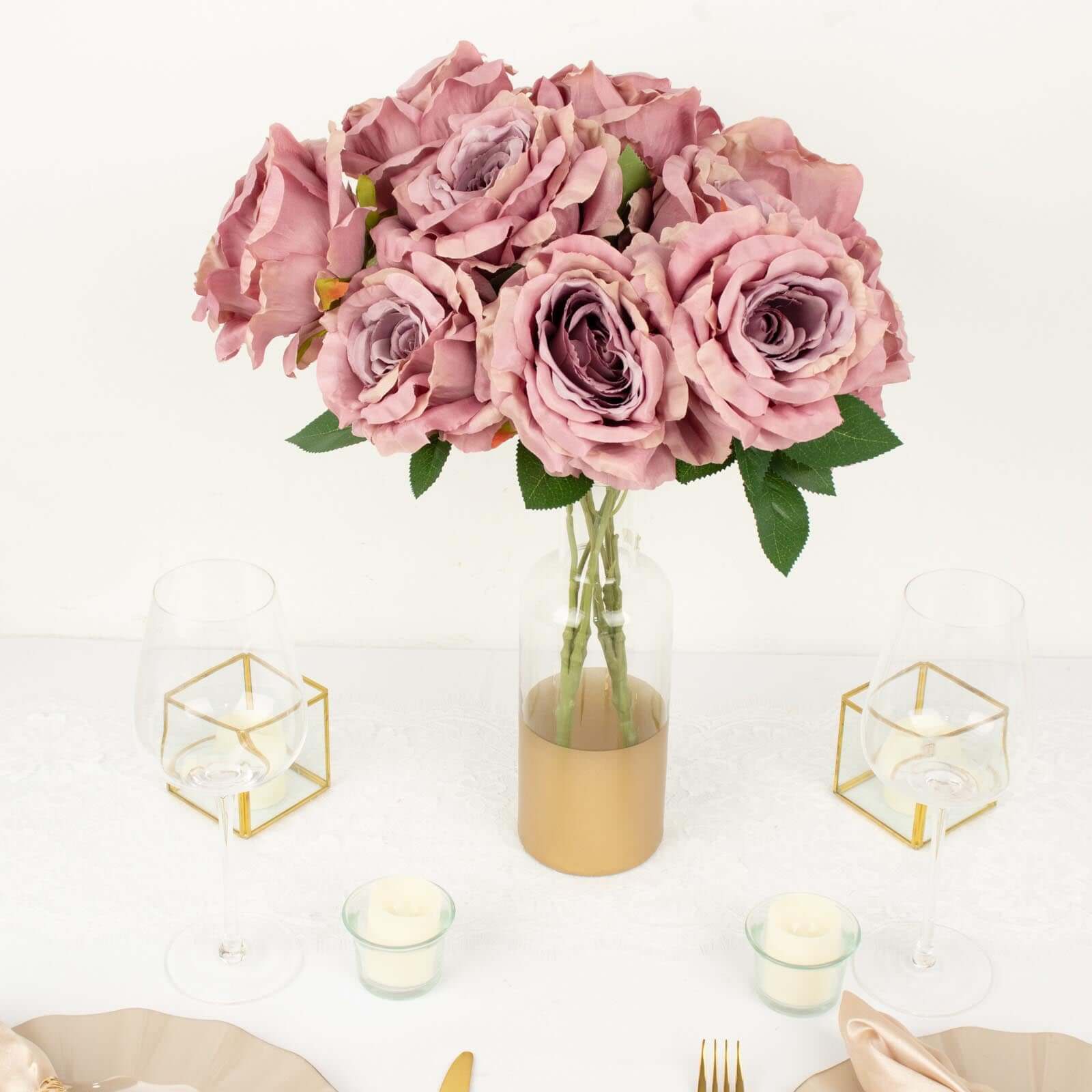 2 Bushes 17-Inch Dusty Rose Premium Silk Jumbo Rose Bouquet for Weddings and Decor