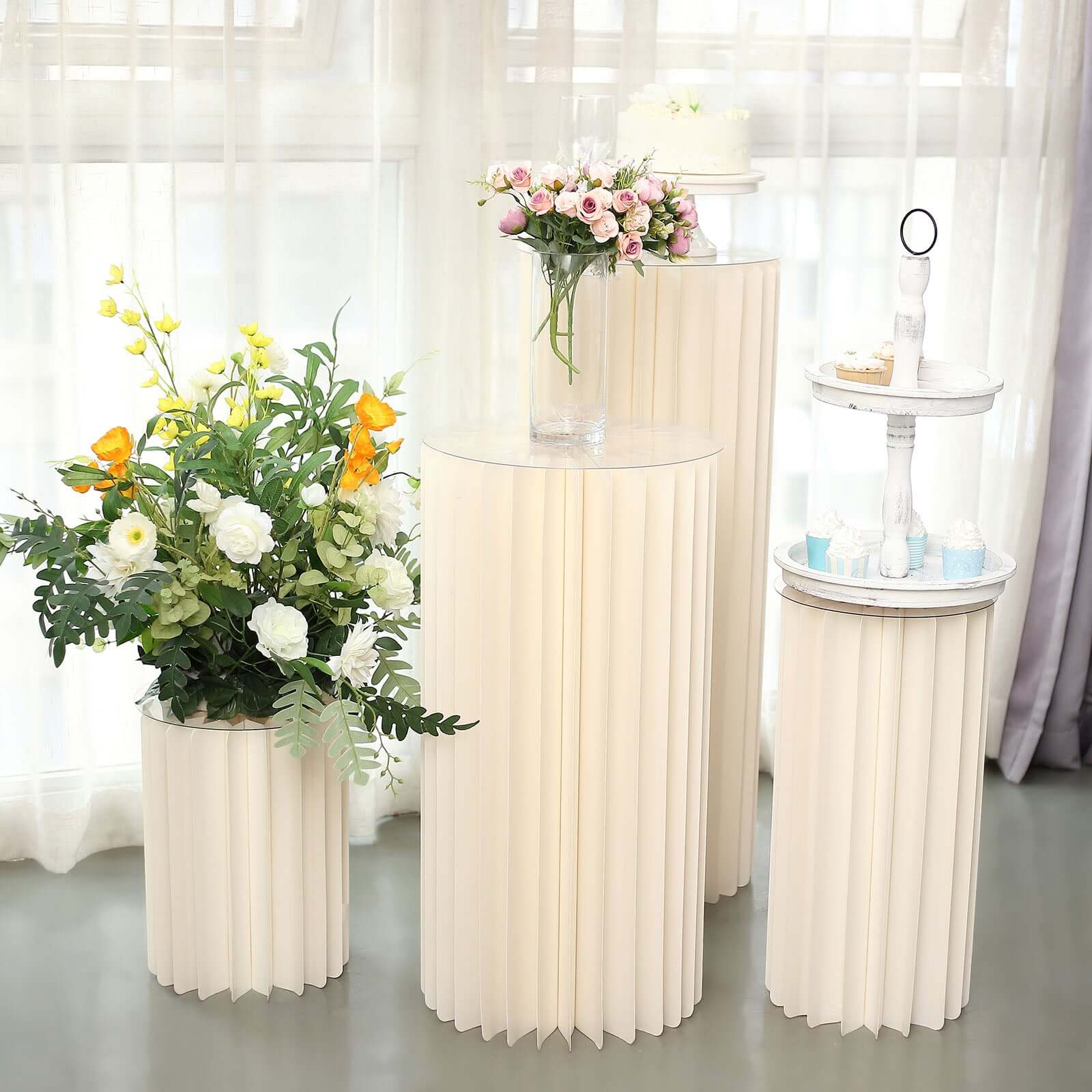 Get Your 40-Inch Ivory Cylinder Display Column Stand with PVC Top Plate for Events