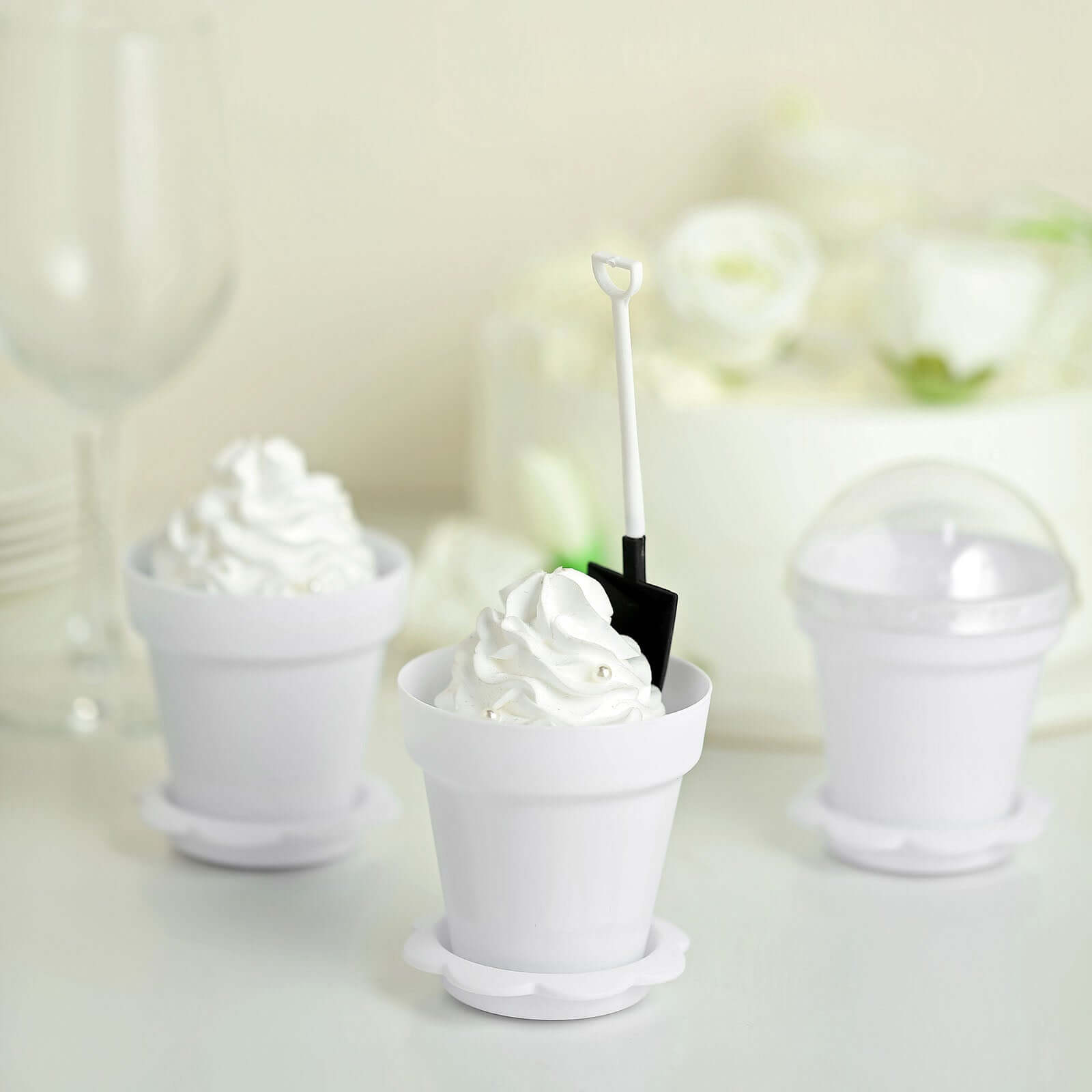 12-Piece White Plastic Dessert Cups with Succulent Planter Design, Lids and Shovels