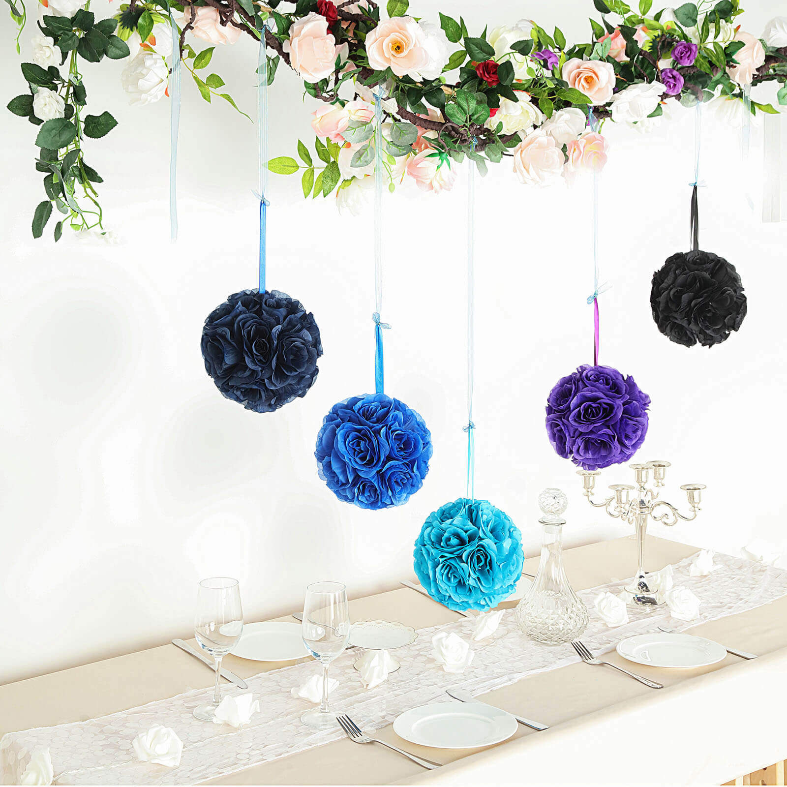 2-Pack 7-Inch Royal Blue Artificial Silk Rose Kissing Balls for Decor