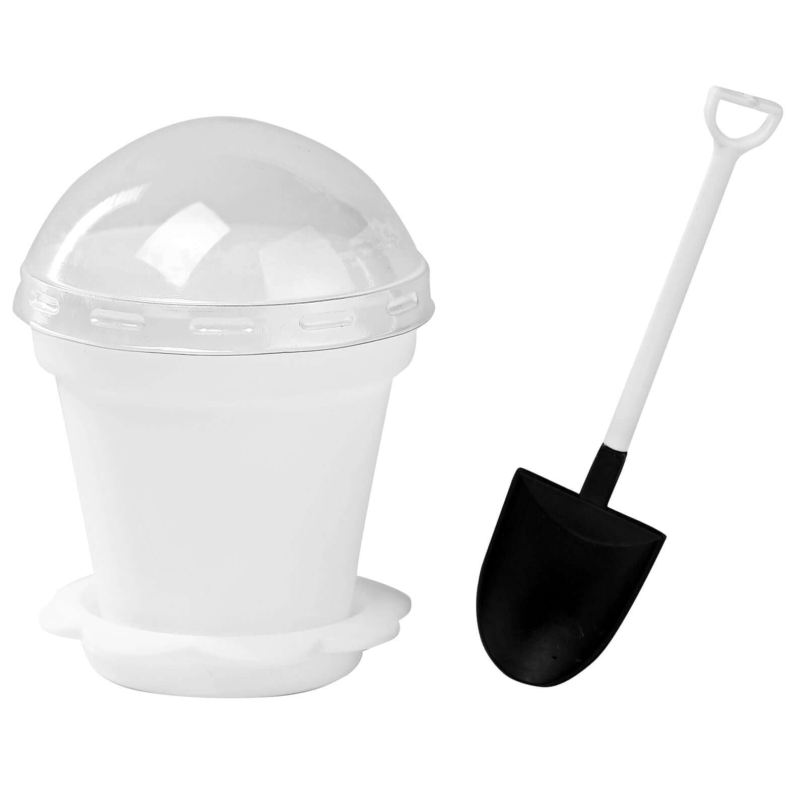 12-Piece White Plastic Dessert Cups with Succulent Planter Design, Lids and Shovels