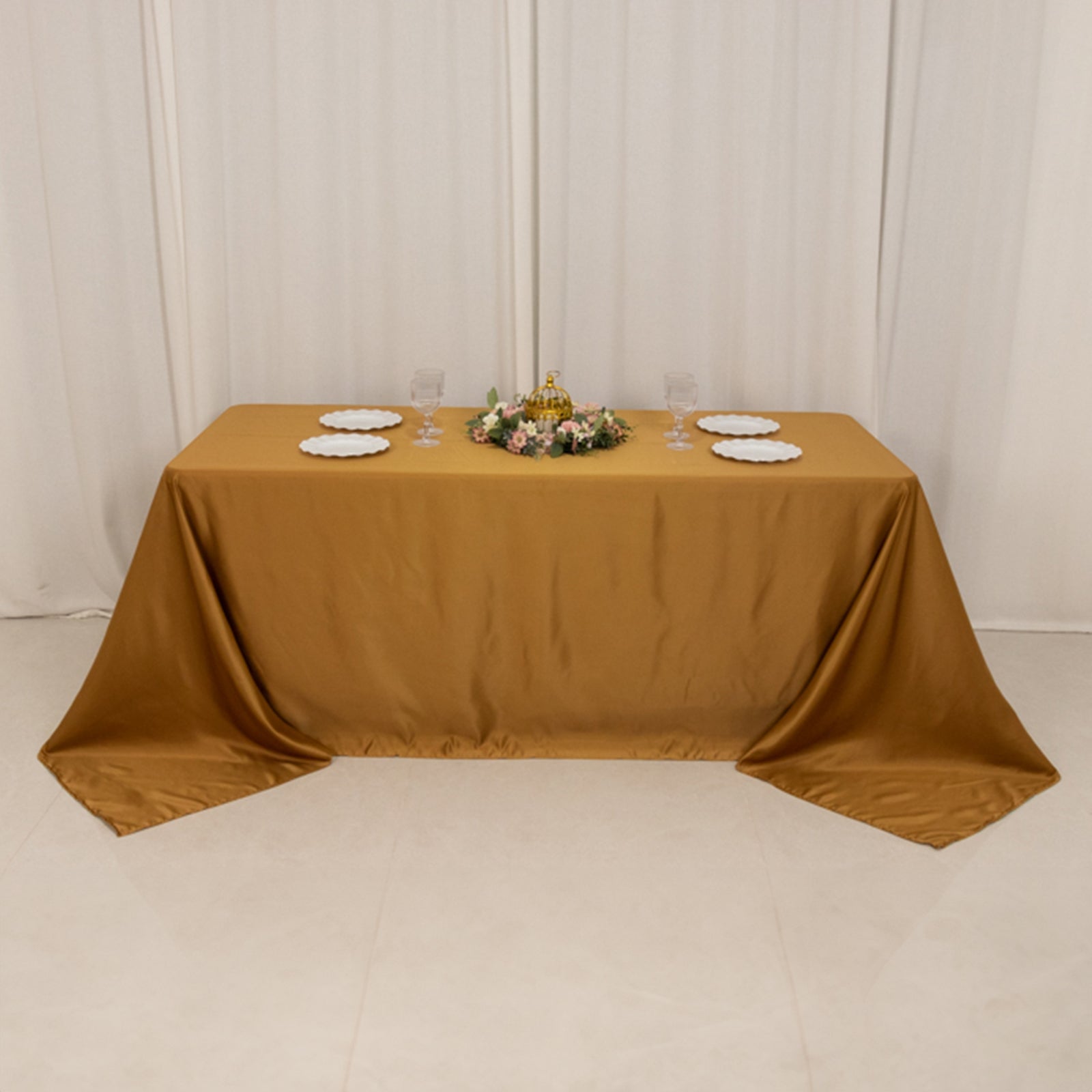 Luxurious Gold Lamour Satin 90x132 Rectangle Seamless Tablecloth for Weddings and Parties