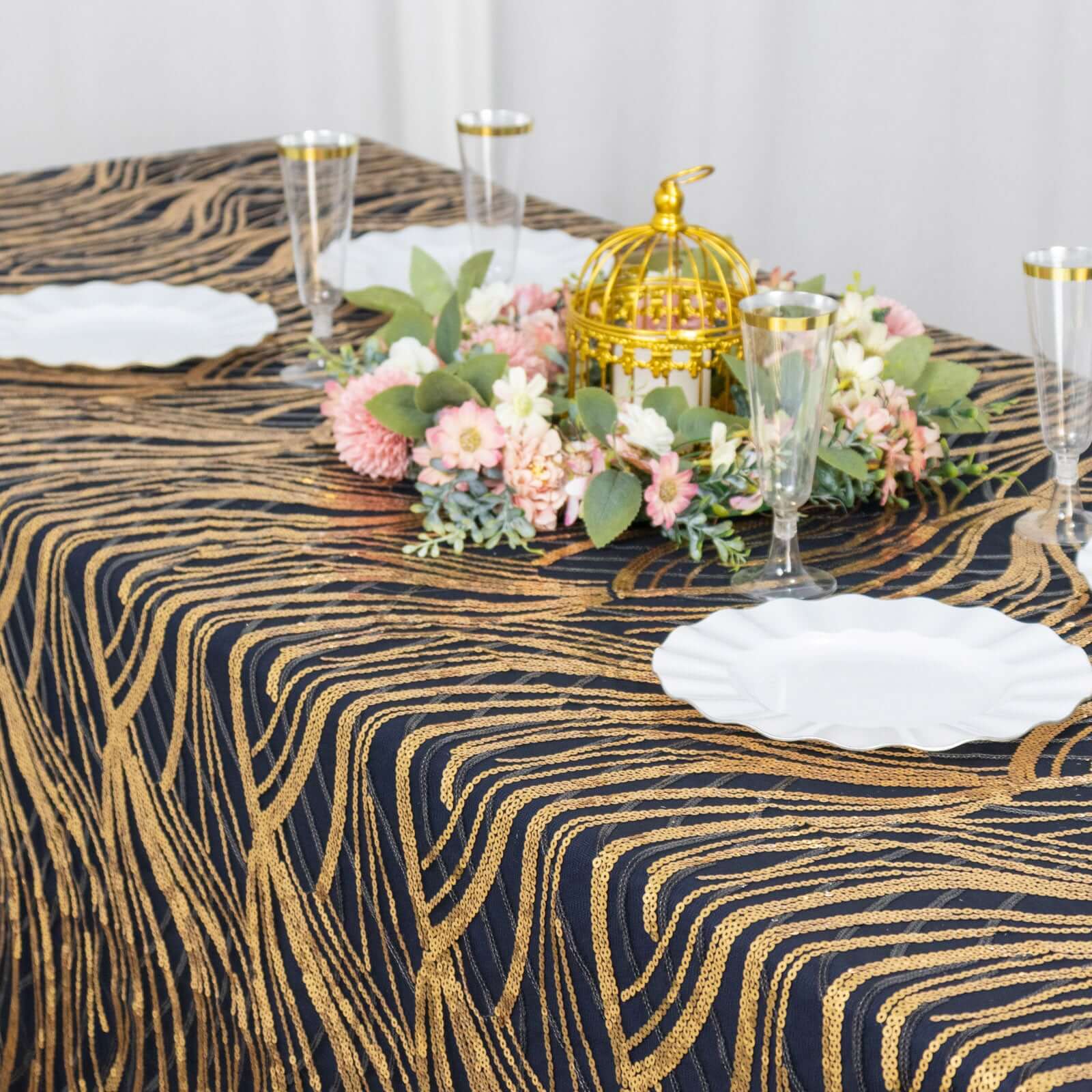 Black/Gold Sparkly Wave Sequin Embroidered Mesh Rectangle Tablecloth 90x156