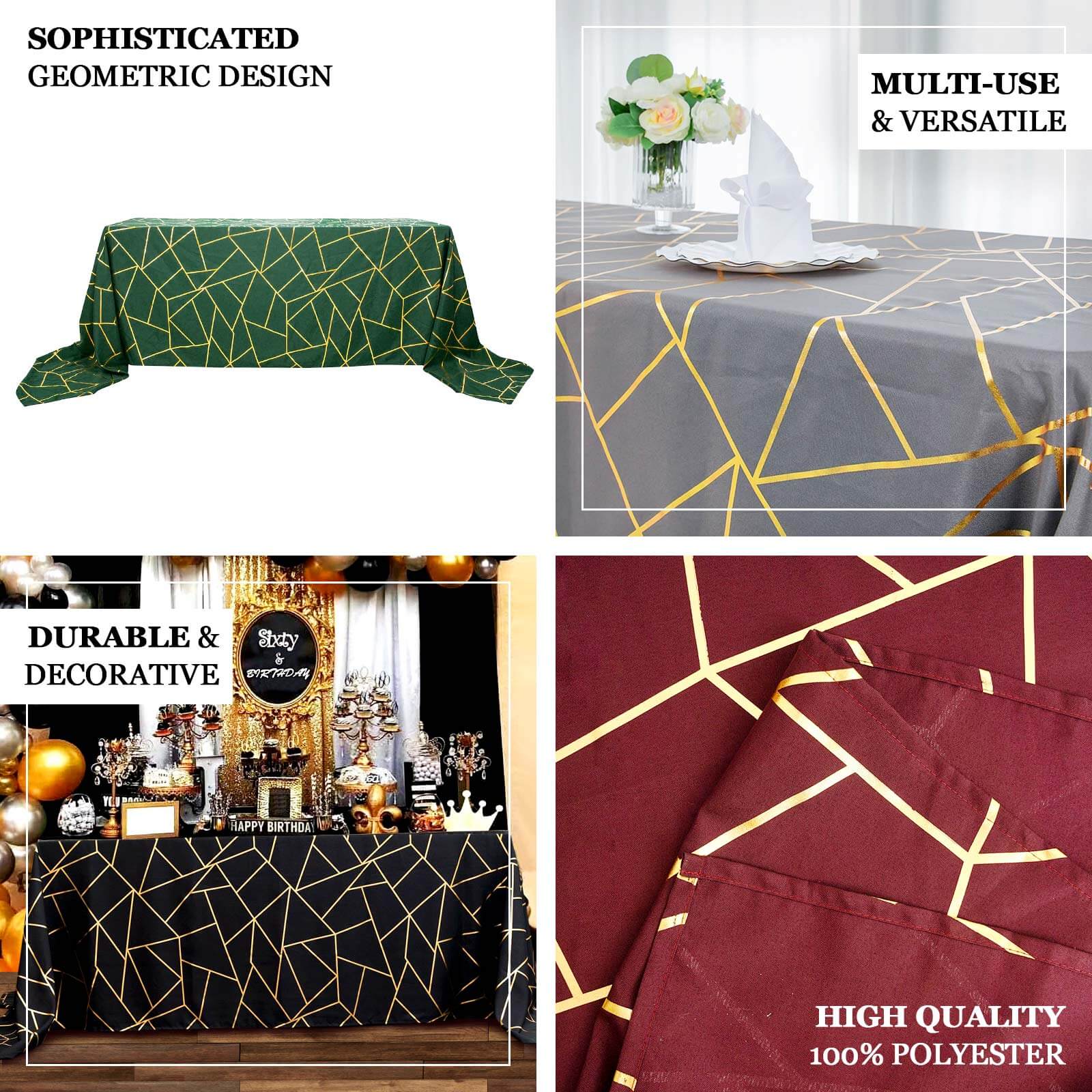 Wrinkle-Resistant Purple Polyester Tablecloth with Gold Foil Geometric Pattern, 90x132