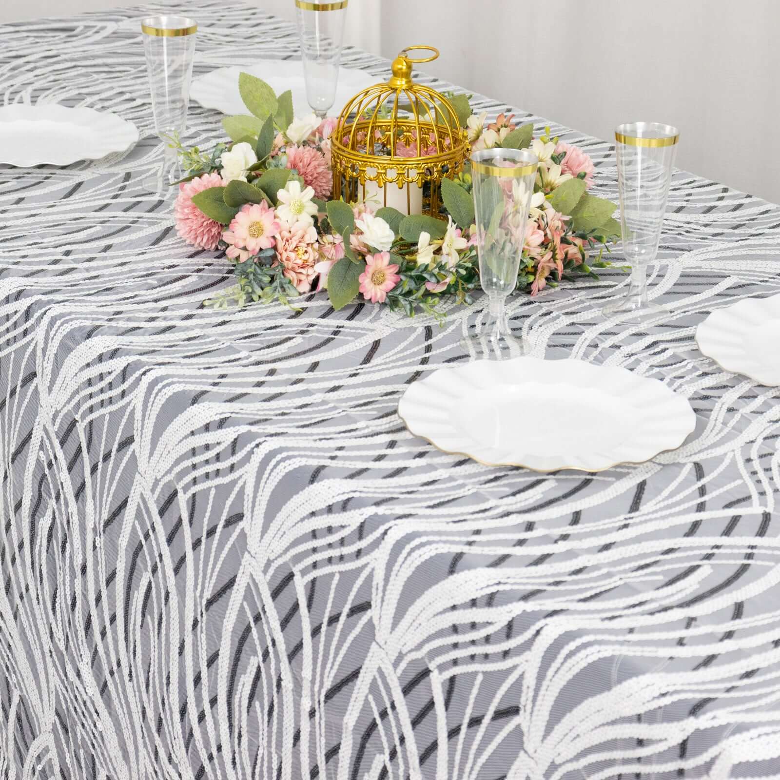 Sparkly Wave Sequin Embroidered White & Black Mesh Rectangle Tablecloth 90x156