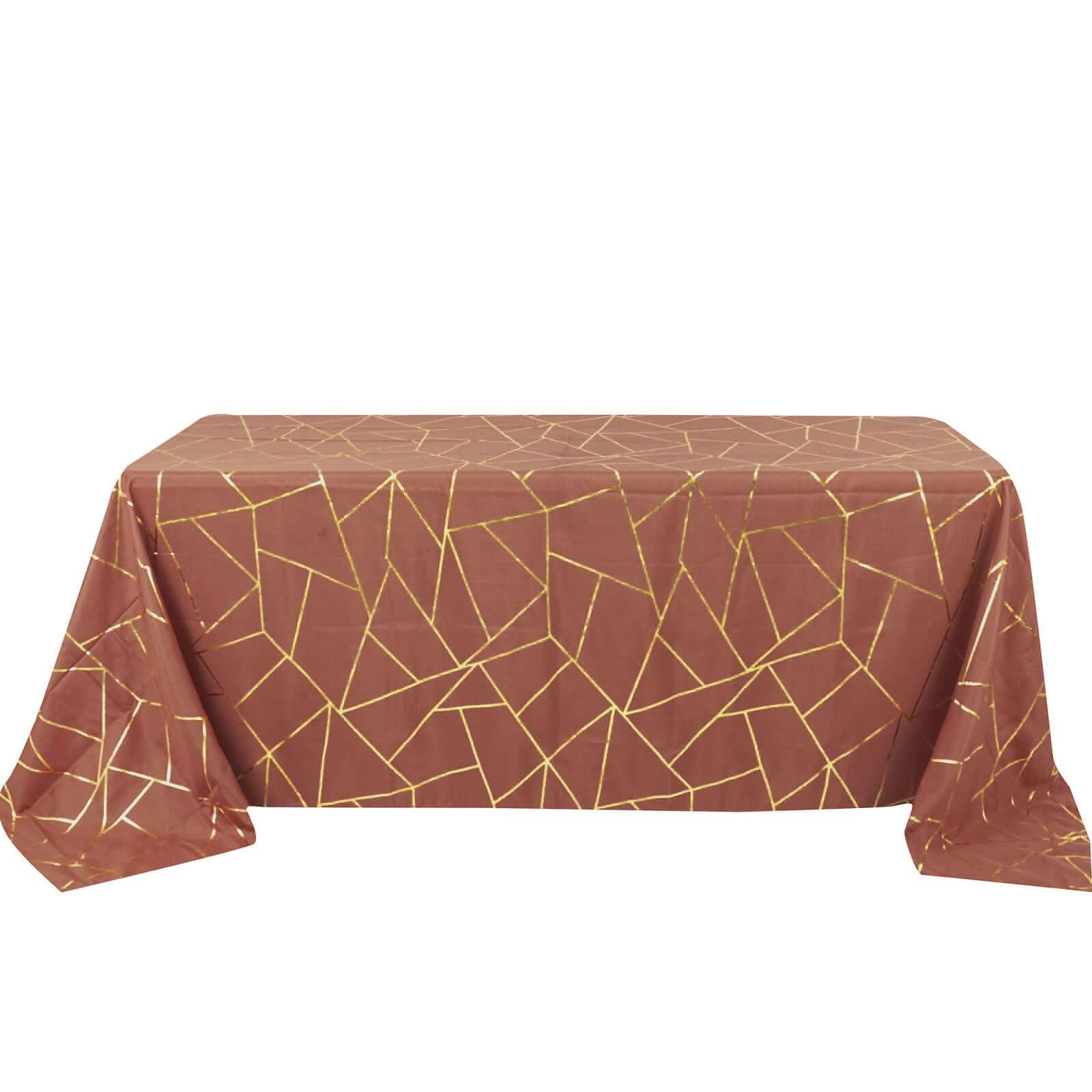 Wrinkle-Resistant Seamless Polyester Tablecloth: Terracotta with Gold Foil Geometric Pattern (90x132) - Ideal for Events