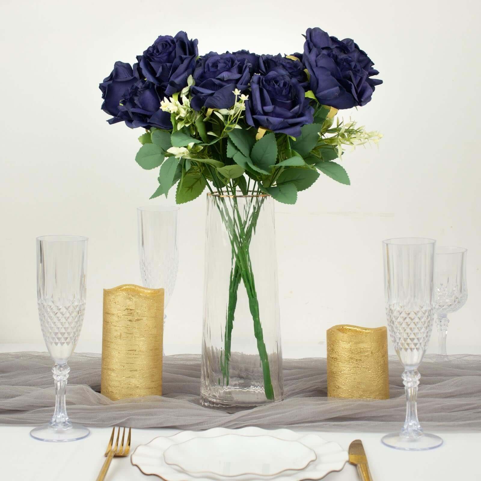 Hot Deal! 2 Bushes of 18 Realistic Navy Blue Artificial Silk Rose Flower Bouquets for Decor