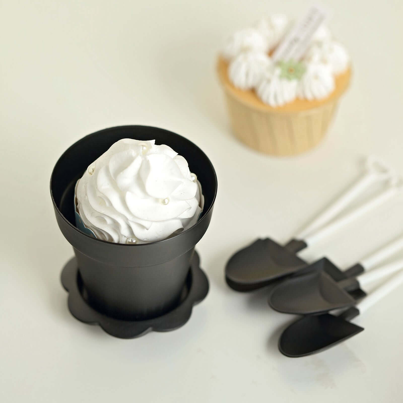 12-Pack Black Plastic Dessert Cups with Succulent Planter Design, Lids & Shovels